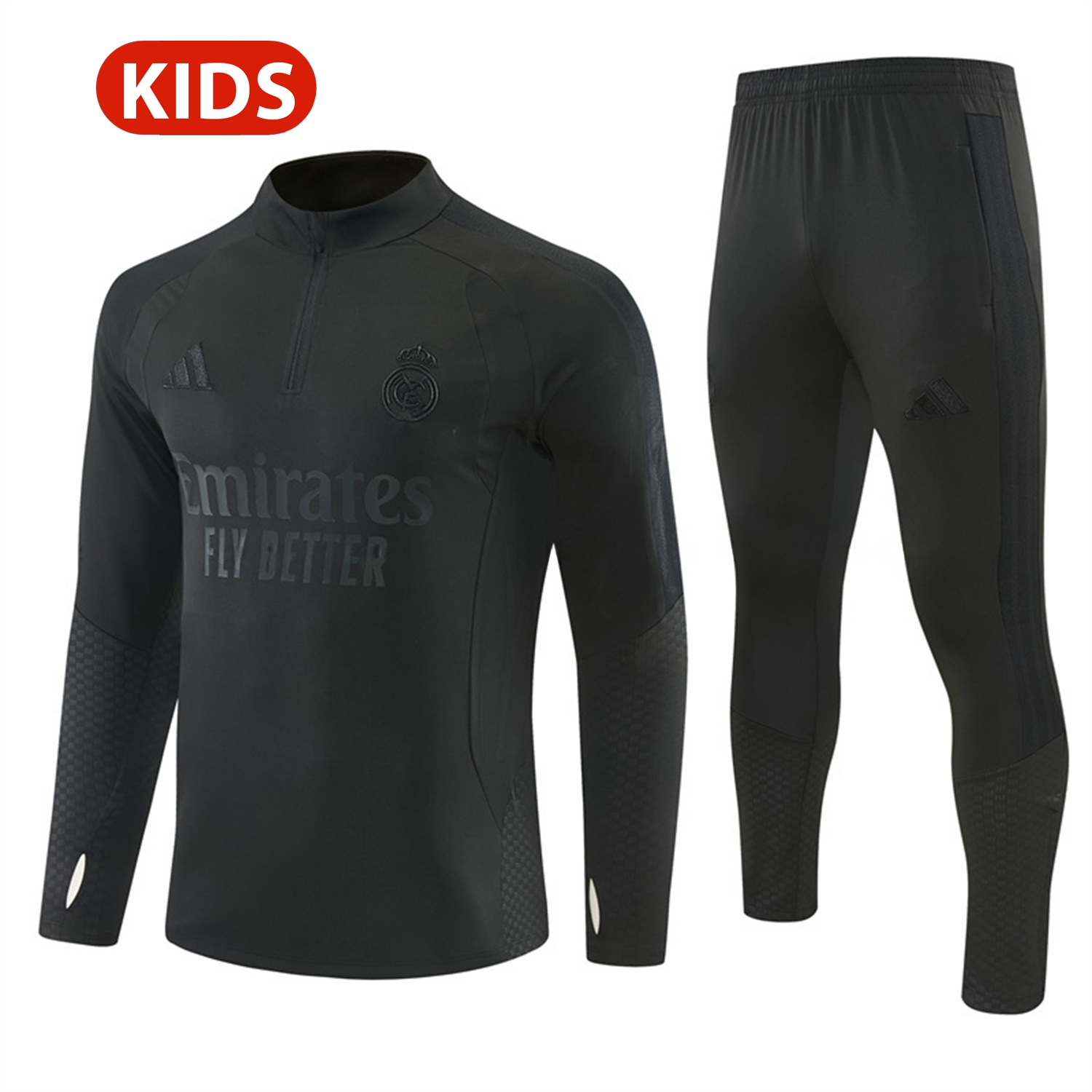 Real Madrid 26-27 Kids Long Sleeves Training Set - Pure Black Top And Pants - Unitedfutballjersey