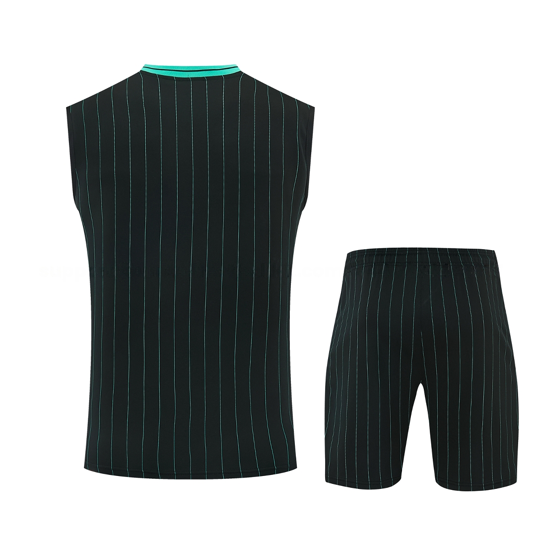 Liver.pool 25-26 Retro Style Vest Training Set - Black With Turquoise Stripes Top & Pants - Unitedfutballjersey