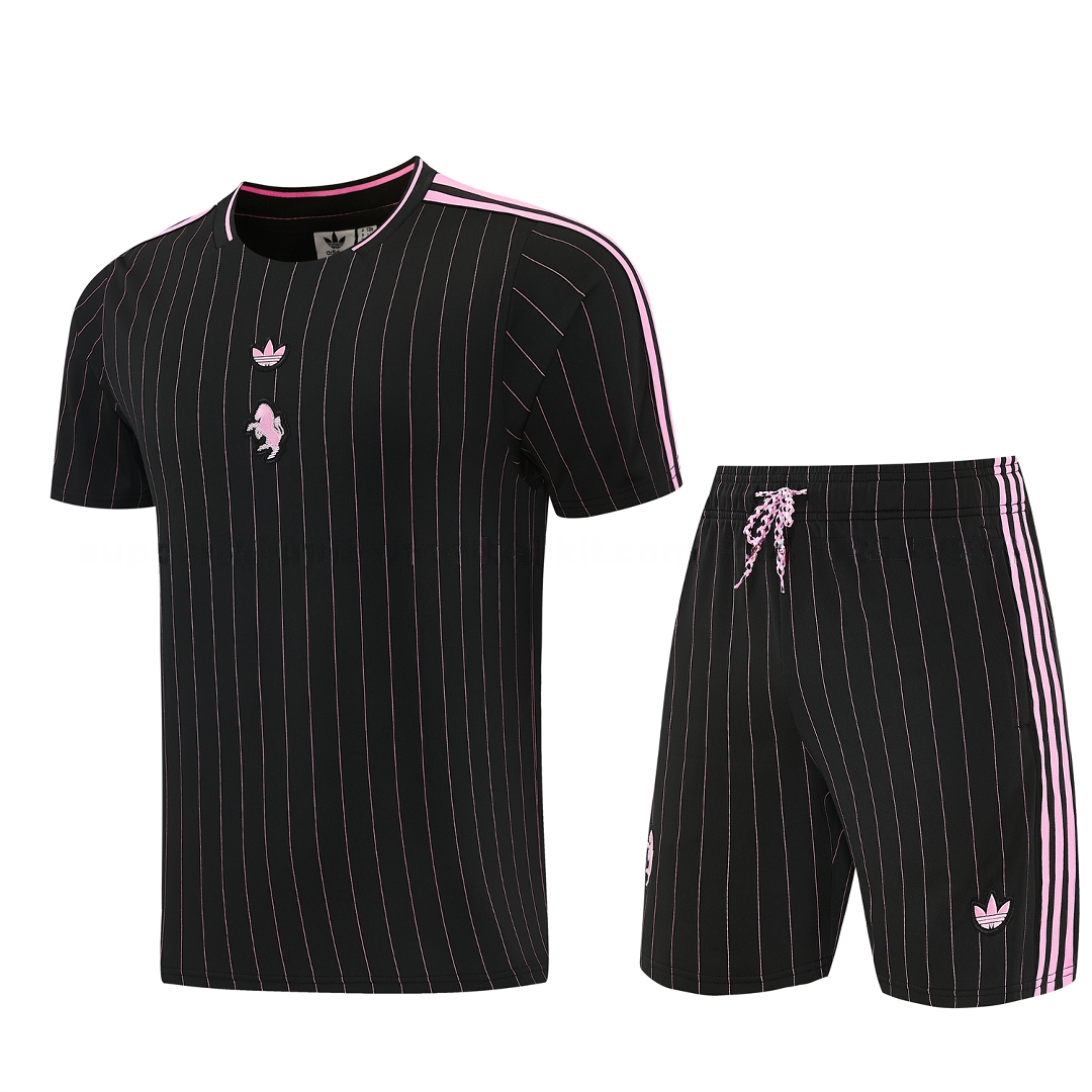 Juventus 26-27 Short-Sleeve Training Set - Pink Lines Black Top & Shorts - Unitedfutballjersey
