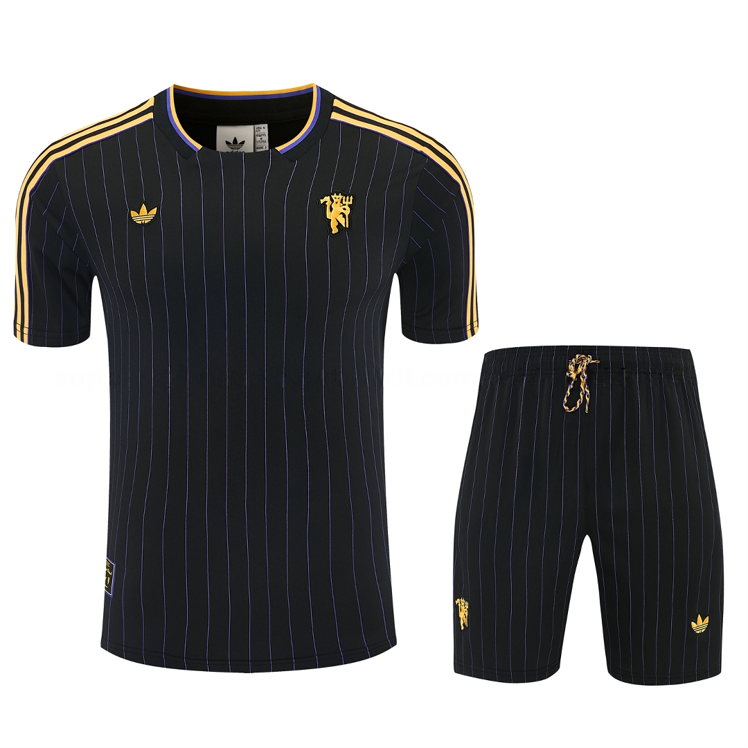 Manchester United 25-26 Retro Style Short-Sleeve Training Set - Black With Yellow Accents Top & Pants - Unitedfutballjersey