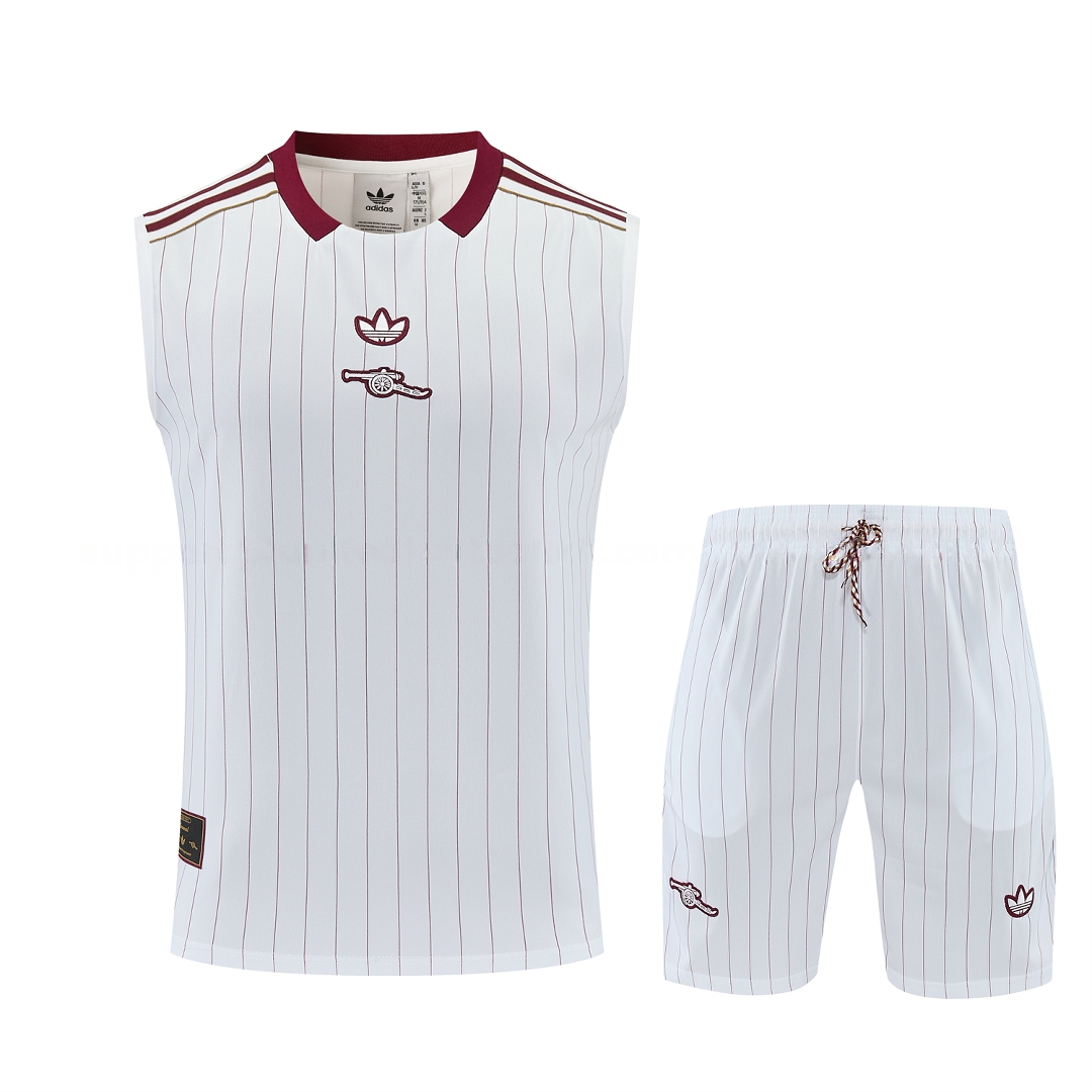 Arsenal 25-26 Retro Style Vest Training Set - White With Burgundy Stripes And Collar Top & Pants - Unitedfutballjersey