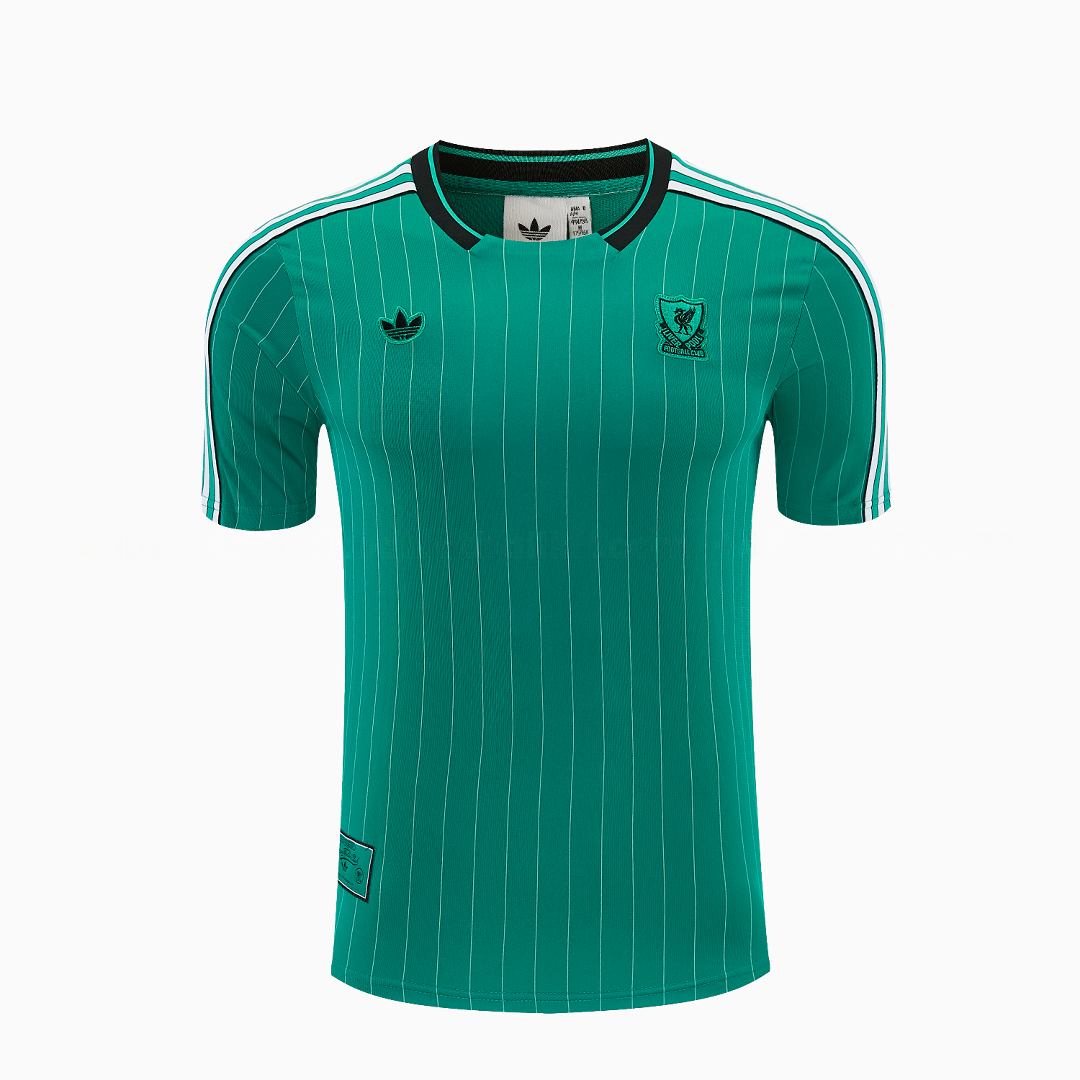 Liver.pool 25-26 Retro Style Short-Sleeve Training Set - Green With White Stripes Top & Pants - Unitedfutballjersey
