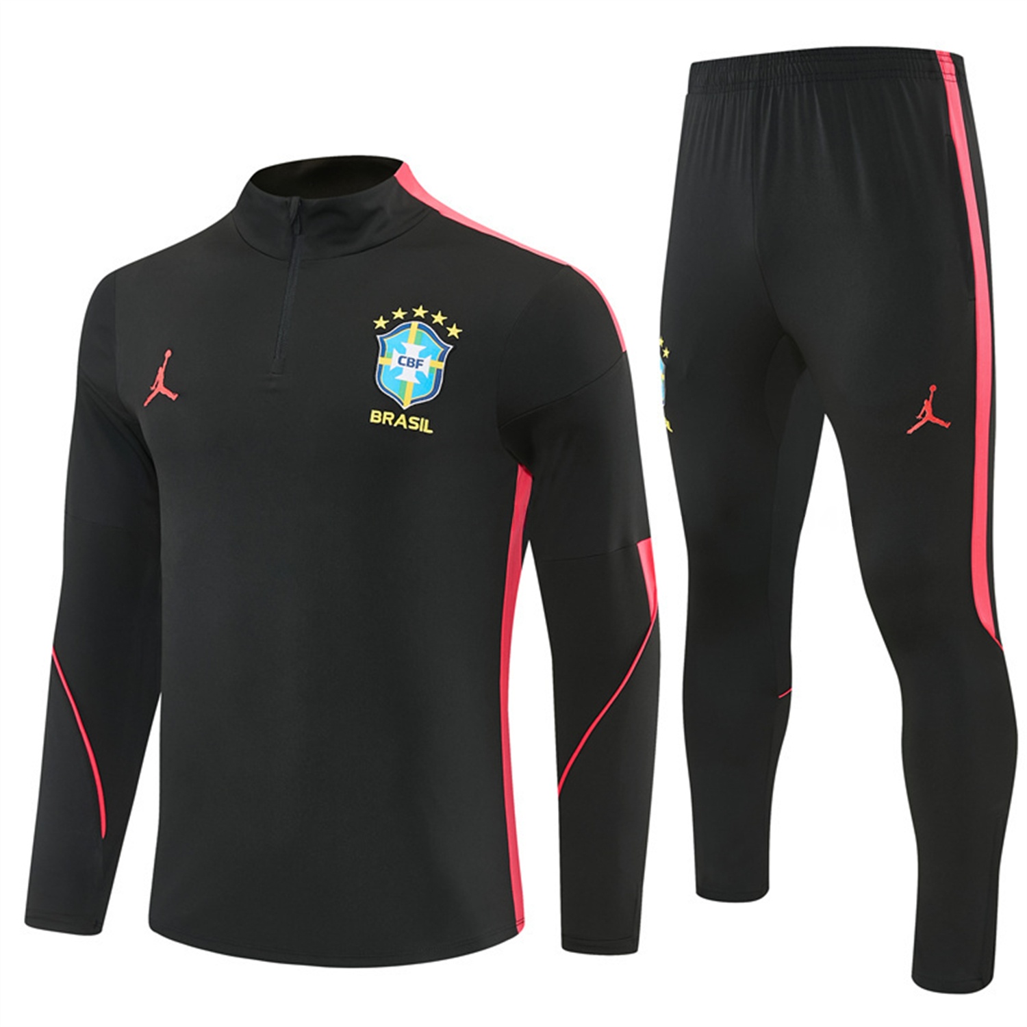 Brazil X JD 2026 Long Sleeves Training Set - Black Top And Black Orange Pants - Unitedfutballjersey