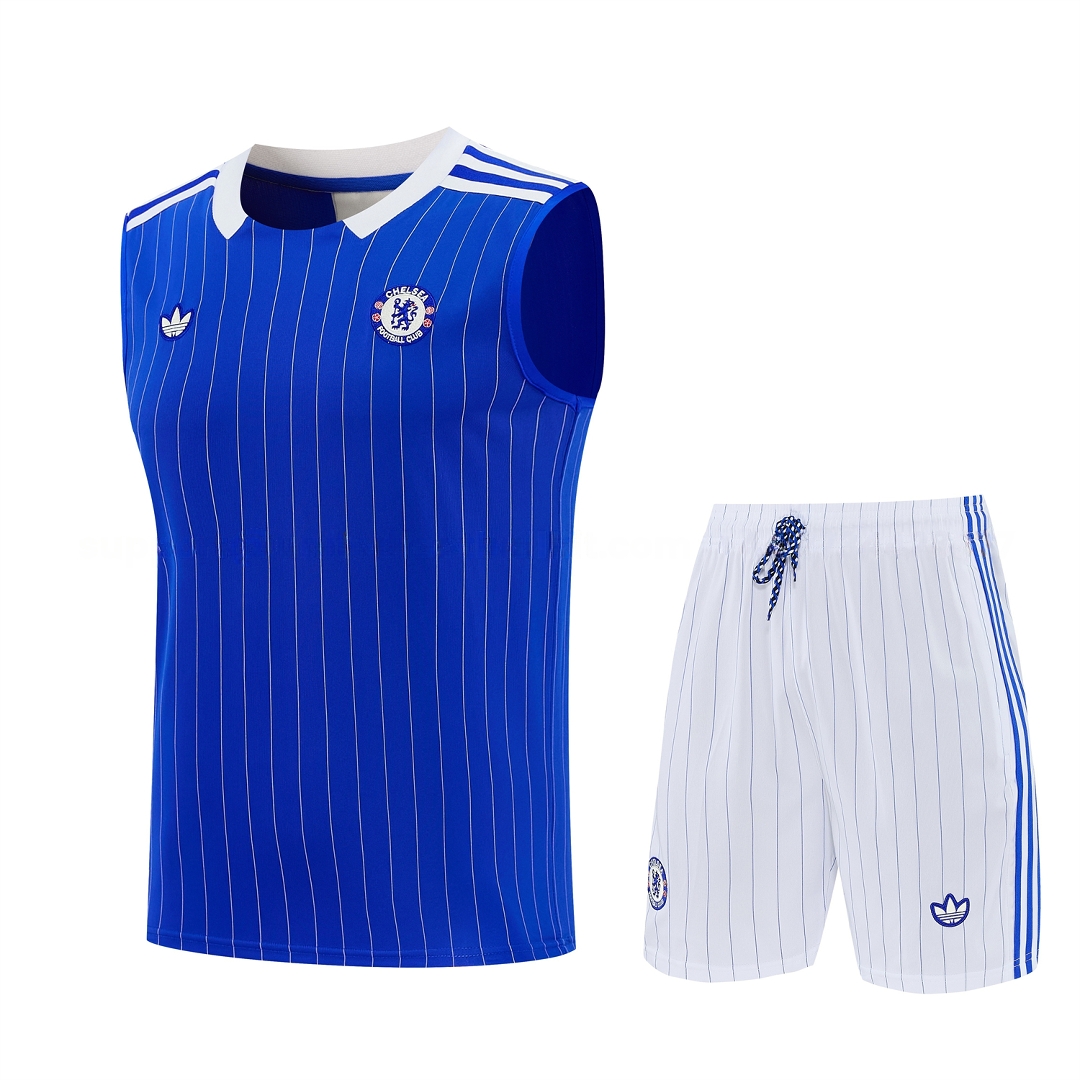 C.H.E.L.S.E.A 25-26 Retro Style Vest Training Set - Blue Top & White With Blue Stripes Pants - Unitedfutballjersey