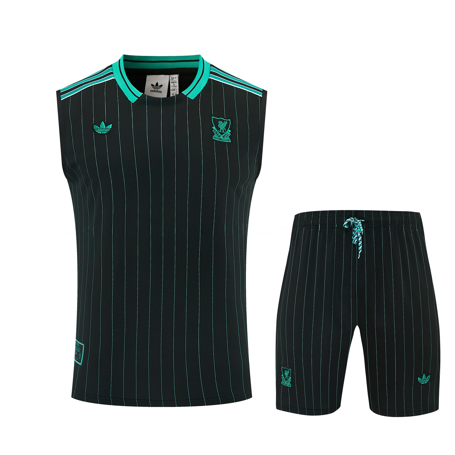 Liver.pool 25-26 Retro Style Vest Training Set - Black With Turquoise Stripes Top & Pants - Unitedfutballjersey