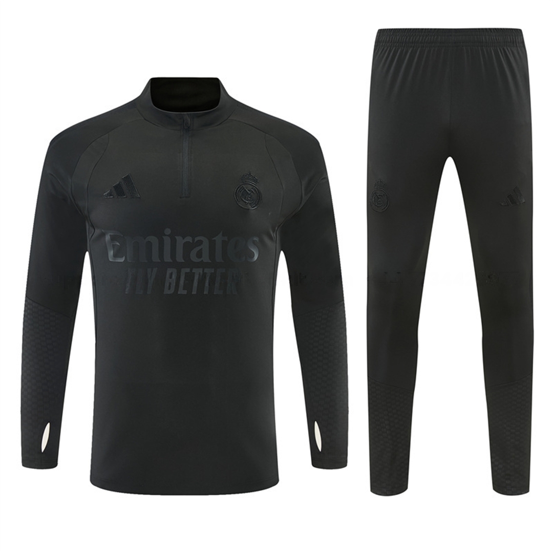 Real Madrid 26-27 Kids Long Sleeves Training Set - Pure Black Top And Pants - Unitedfutballjersey