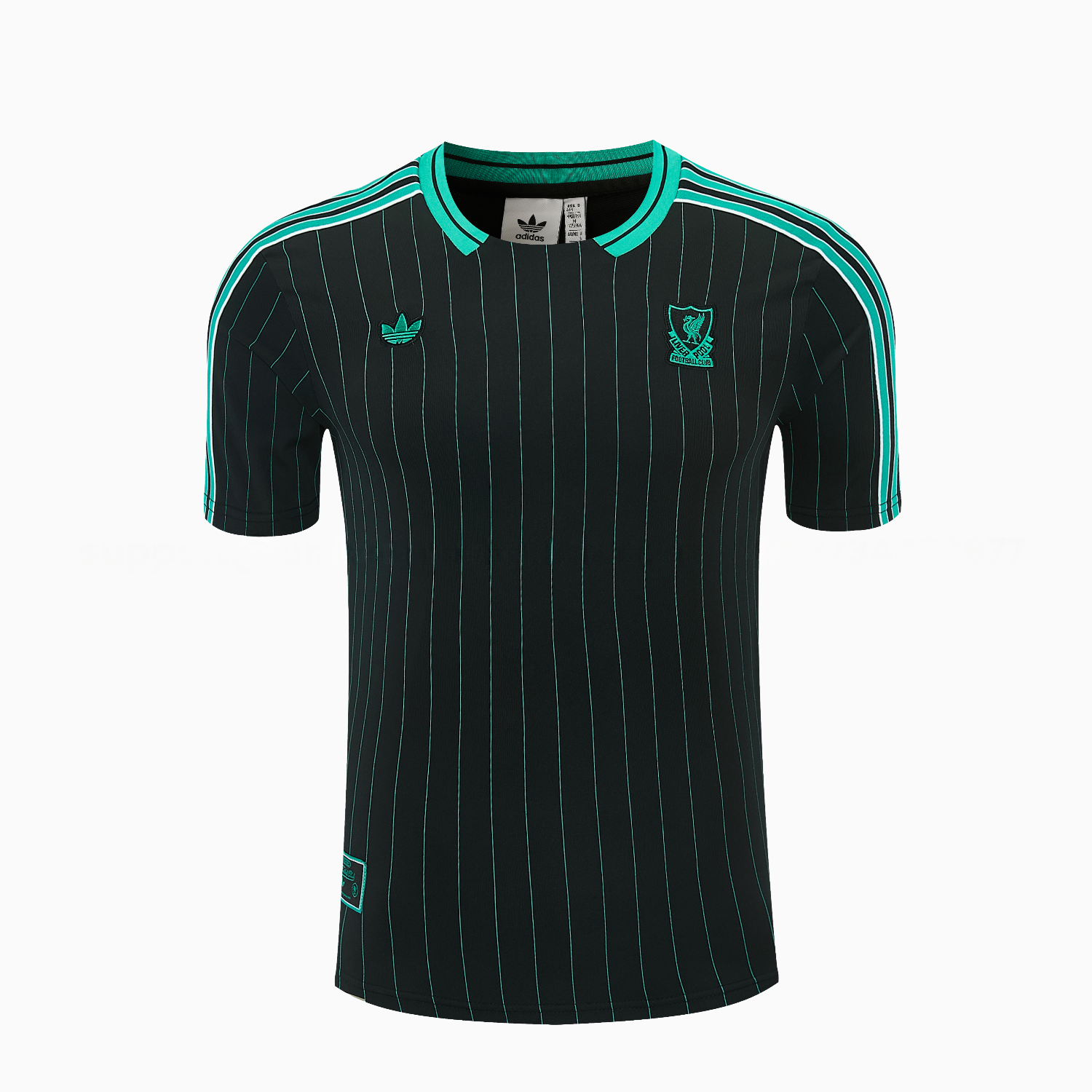 Liver.pool 25-26 Retro Style Short-Sleeve Training Set - Black With Teal Stripes And Accents Top & Pants - Unitedfutballjersey