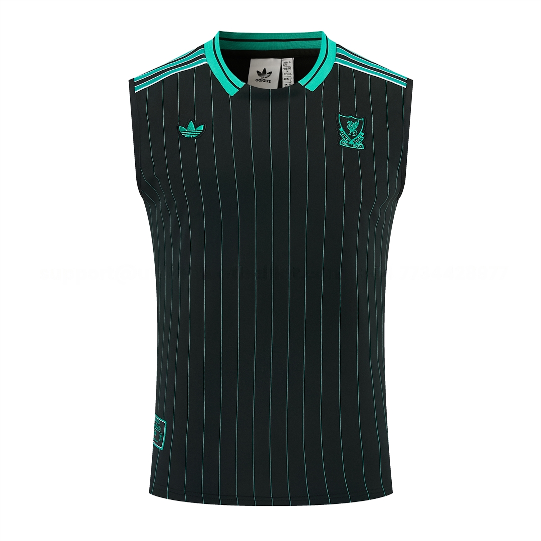 Liver.pool 25-26 Retro Style Vest Training Set - Black With Turquoise Stripes Top & Pants - Unitedfutballjersey