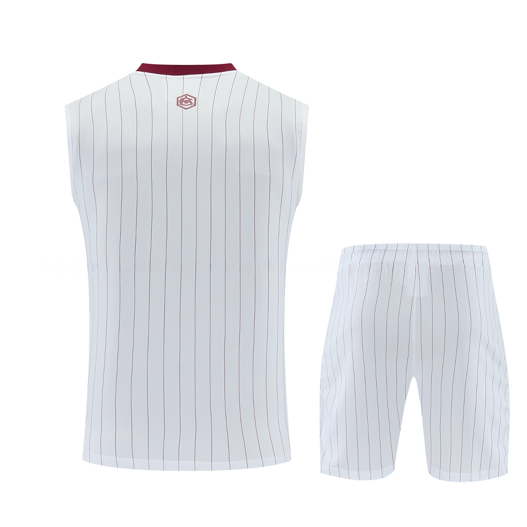 Arsenal 25-26 Retro Style Vest Training Set - White With Burgundy Stripes And Collar Top & Pants - Unitedfutballjersey
