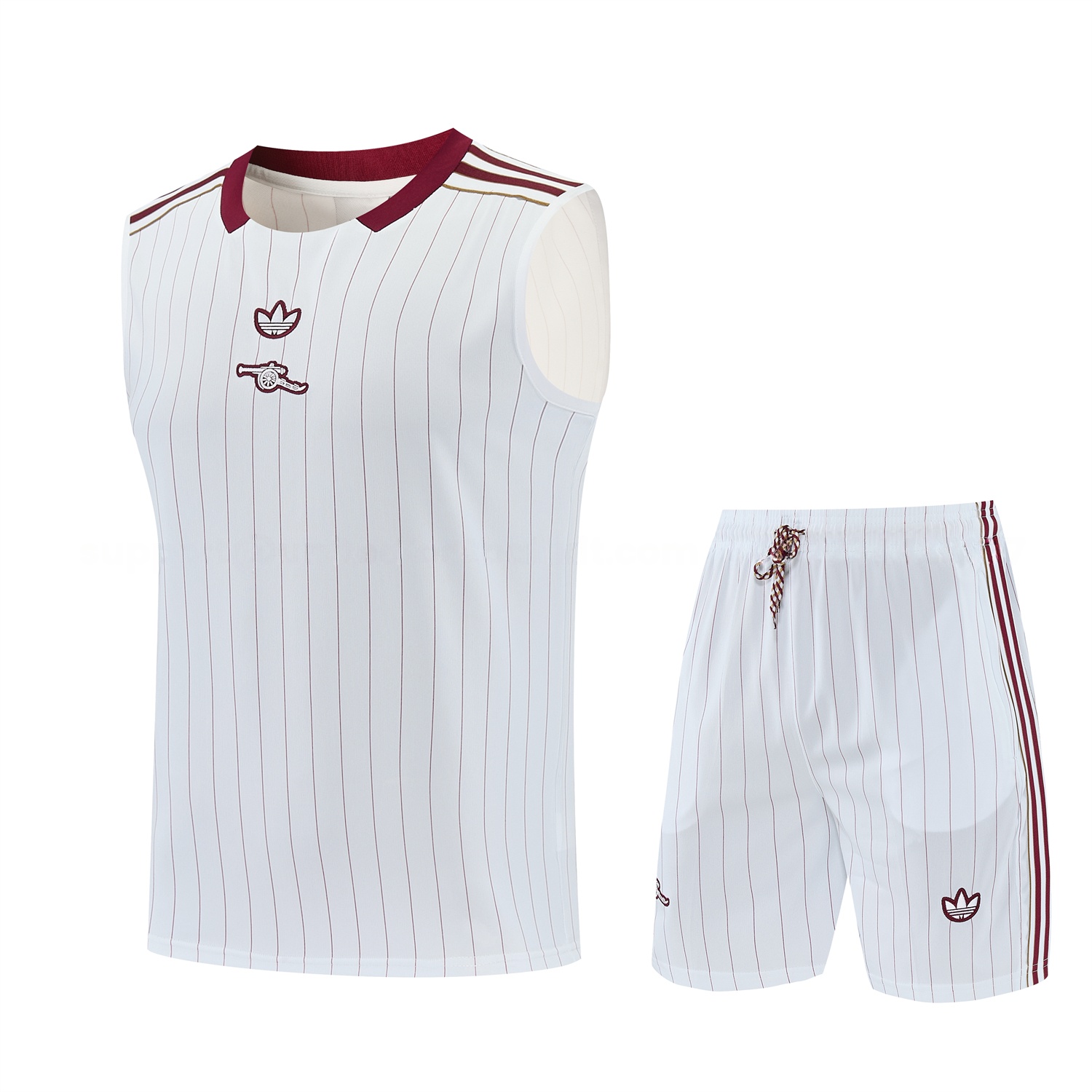 Arsenal 25-26 Retro Style Vest Training Set - White With Burgundy Stripes And Collar Top & Pants - Unitedfutballjersey