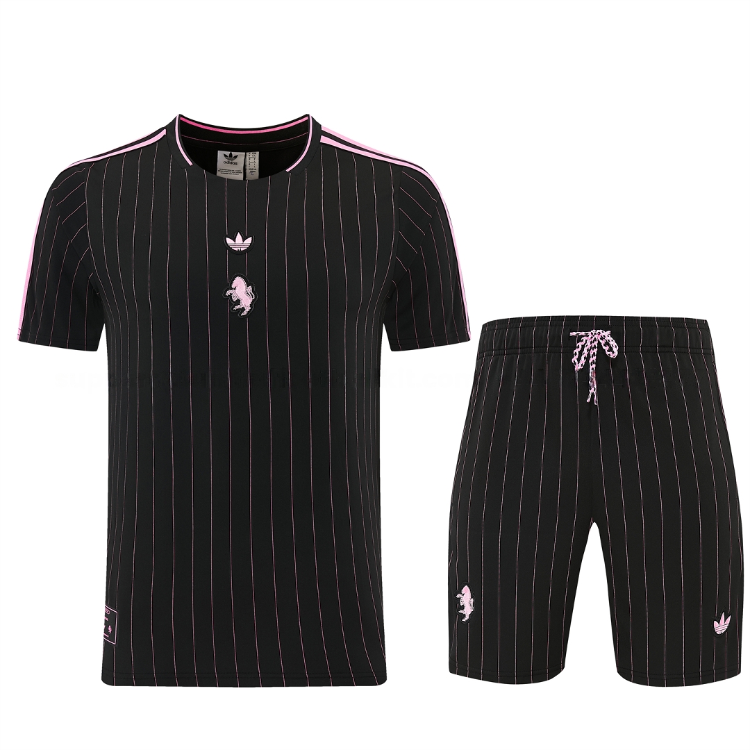 Juventus 26-27 Short-Sleeve Training Set - Pink Lines Black Top & Shorts - Unitedfutballjersey