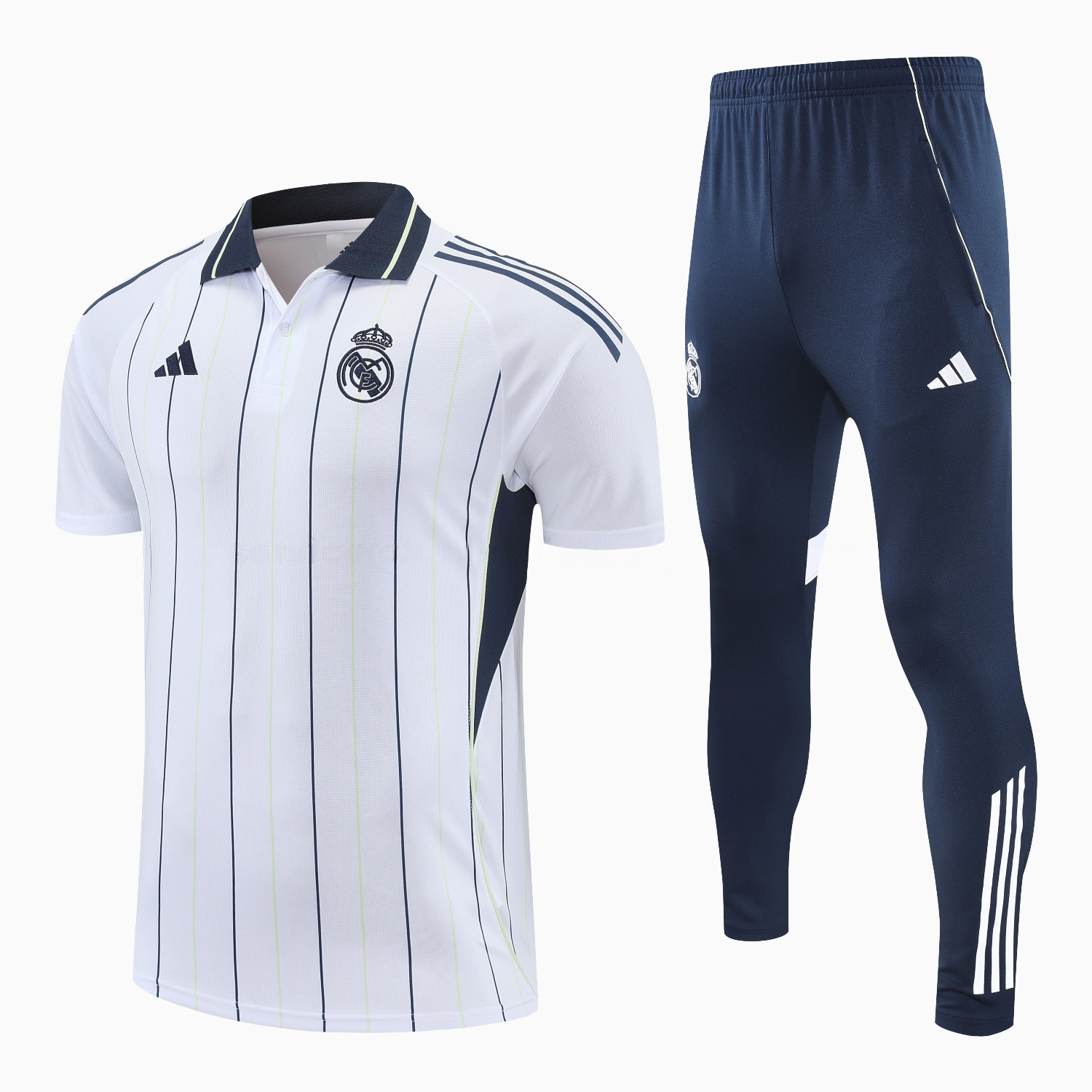 Real Madrid 25-26 POLO Short-Sleeve Training Set - Black Line White Top and Black Pants - Unitedfutballjersey