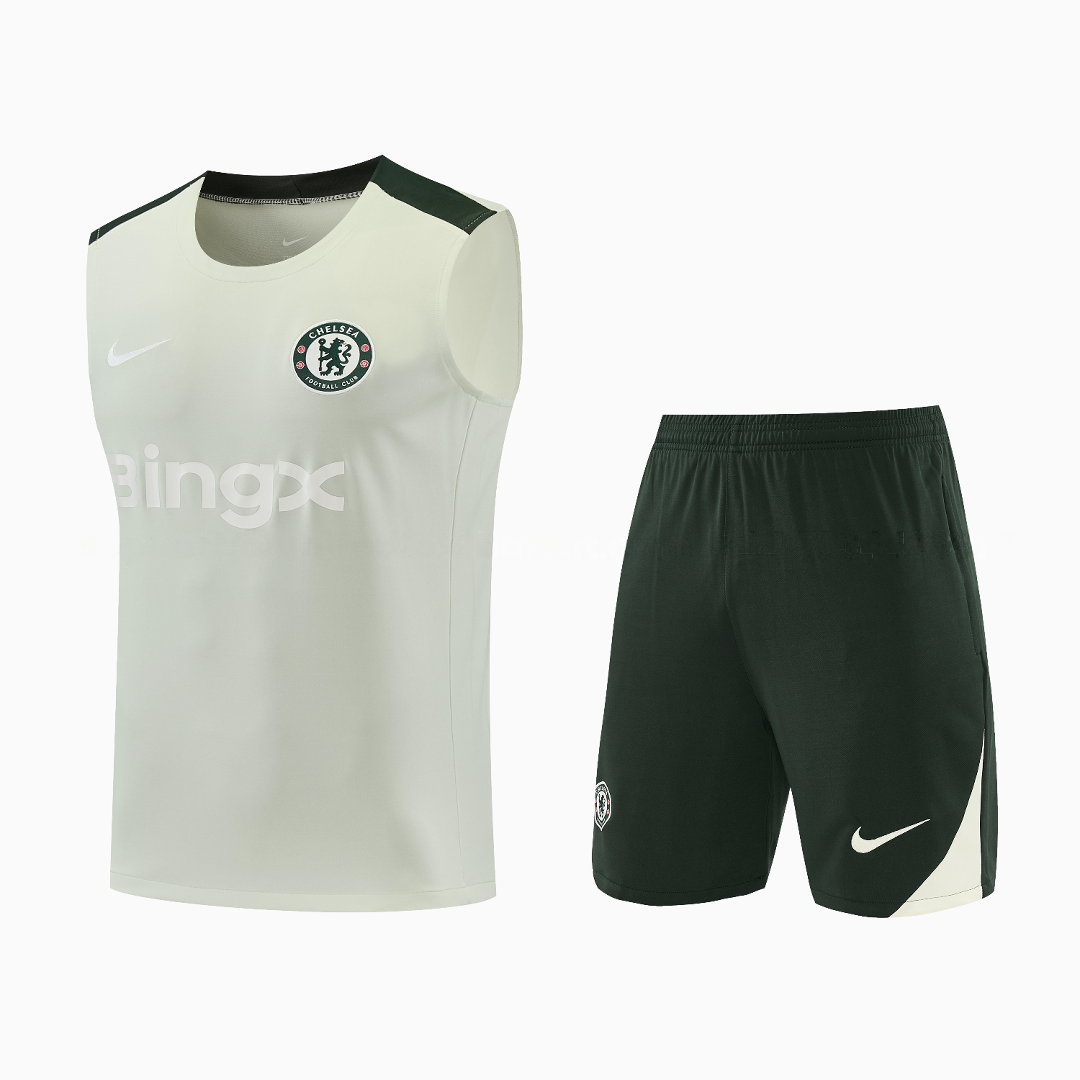 C.H.E.L.S.E.A 25-26 Vest Training Set - Light Gray With Dark Green Accents Top & Dark Green Pants - Unitedfutballjersey