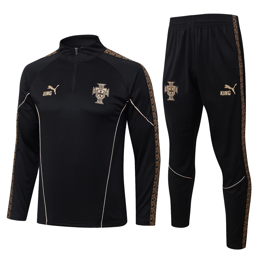 Portugal 2026 Long Sleeve Training Set - Gold Lines Black Top & Pants - Unitedfutballjersey