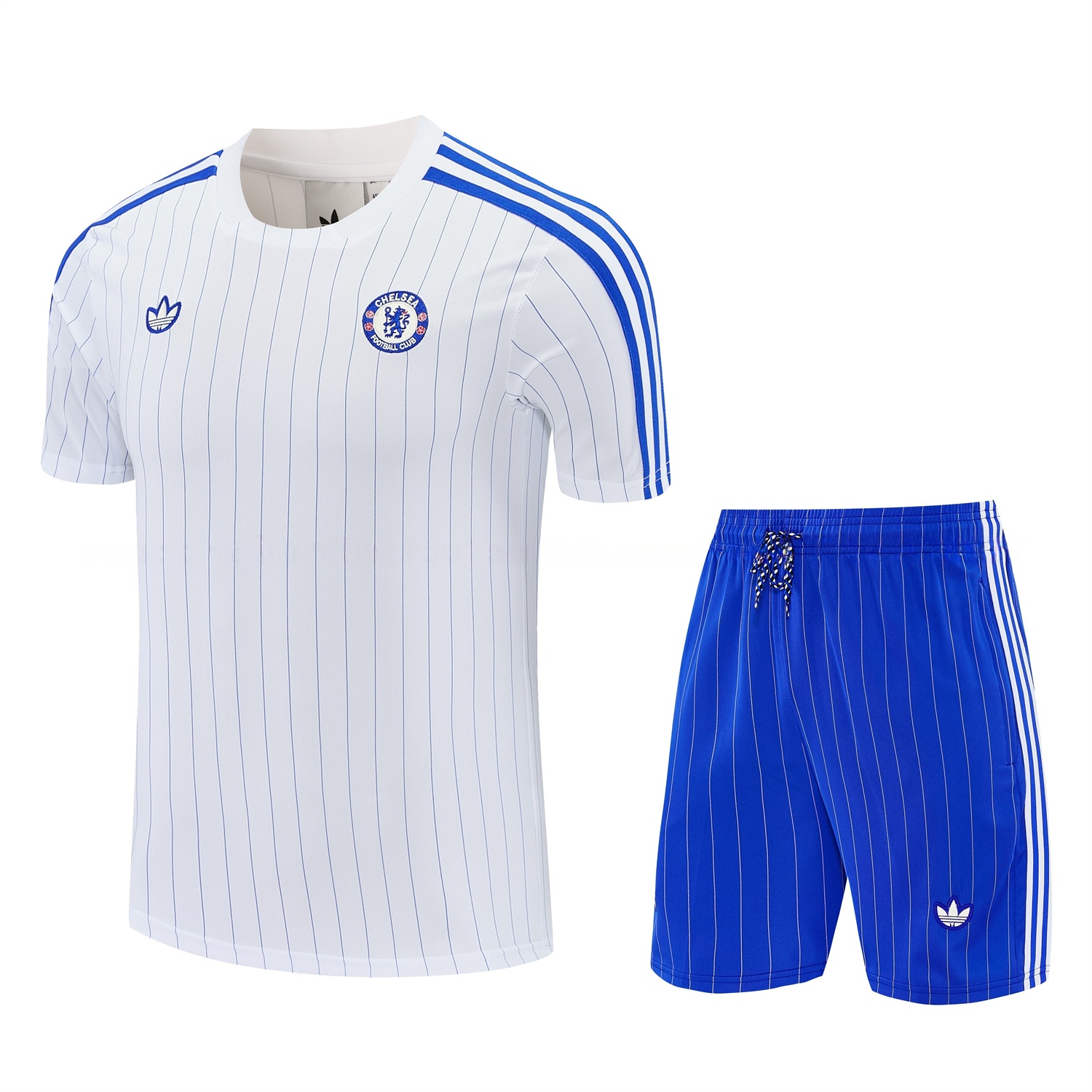 C.H.E.L.S.E.A 25-26 Retro Style Short-Sleeve Training Set - White Top & Blue Stripes Pants - Unitedfutballjersey