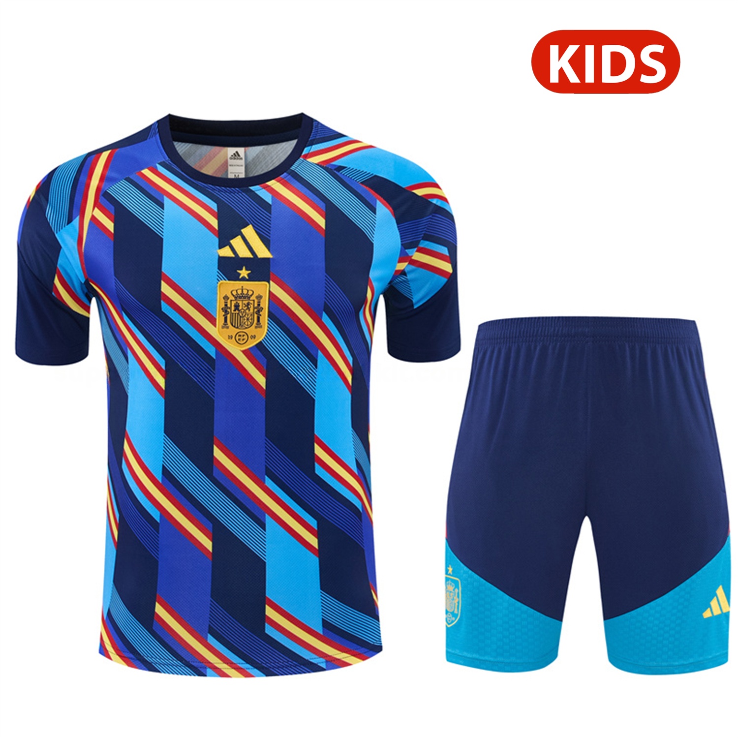 Spain 2026 Kids Short-Sleeve Training Set - Royal Blue And Yellow Top & Royal Blue Shorts - Unitedfutballjersey