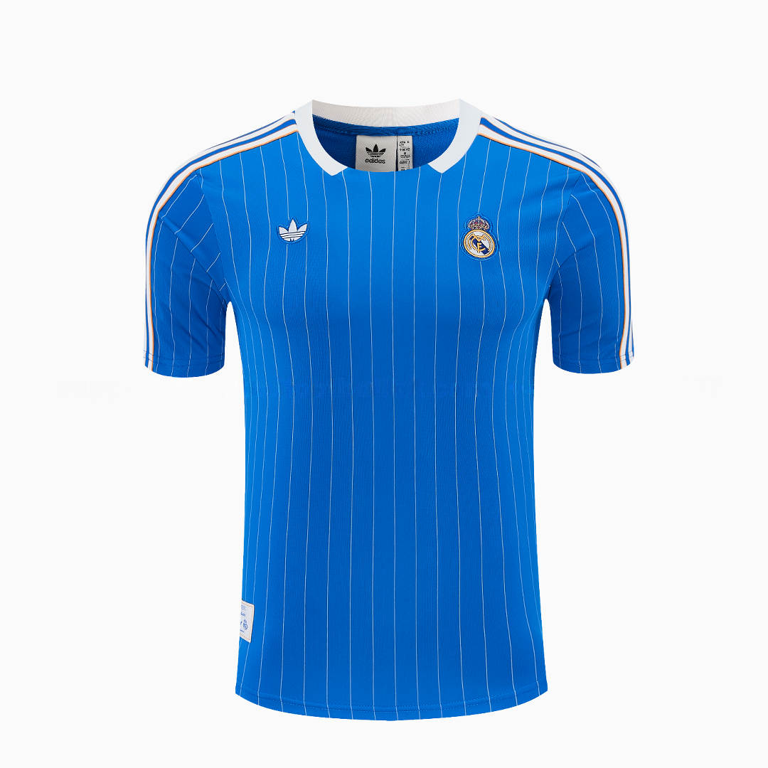 Real Madrid 25-26 Retro Style Short-Sleeve Training Set - Blue With White Stripes Top & Pants - Unitedfutballjersey
