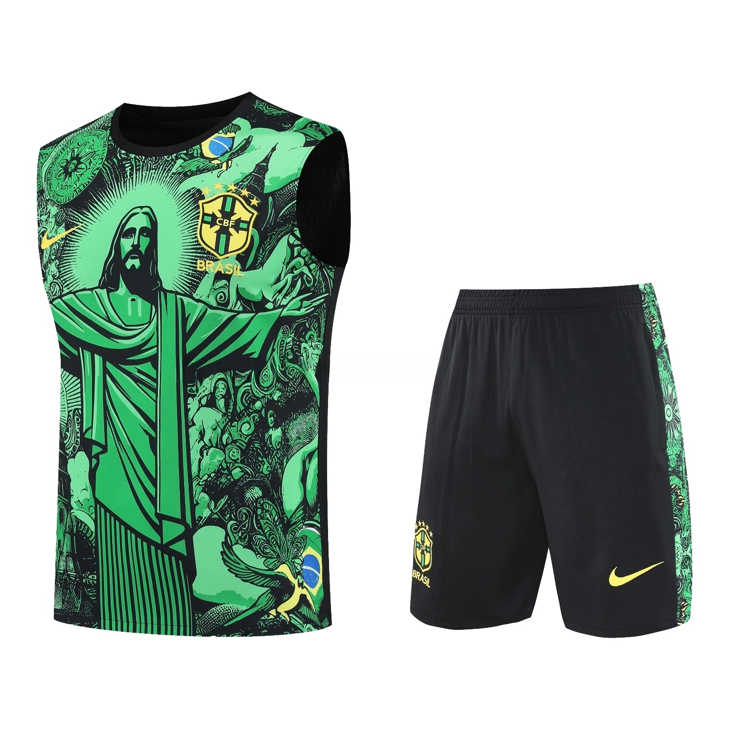 Brazil 25-26 Green Jesus Statue Vest Training Set - Green Vest & Black Shorts - Unitedfutballjersey