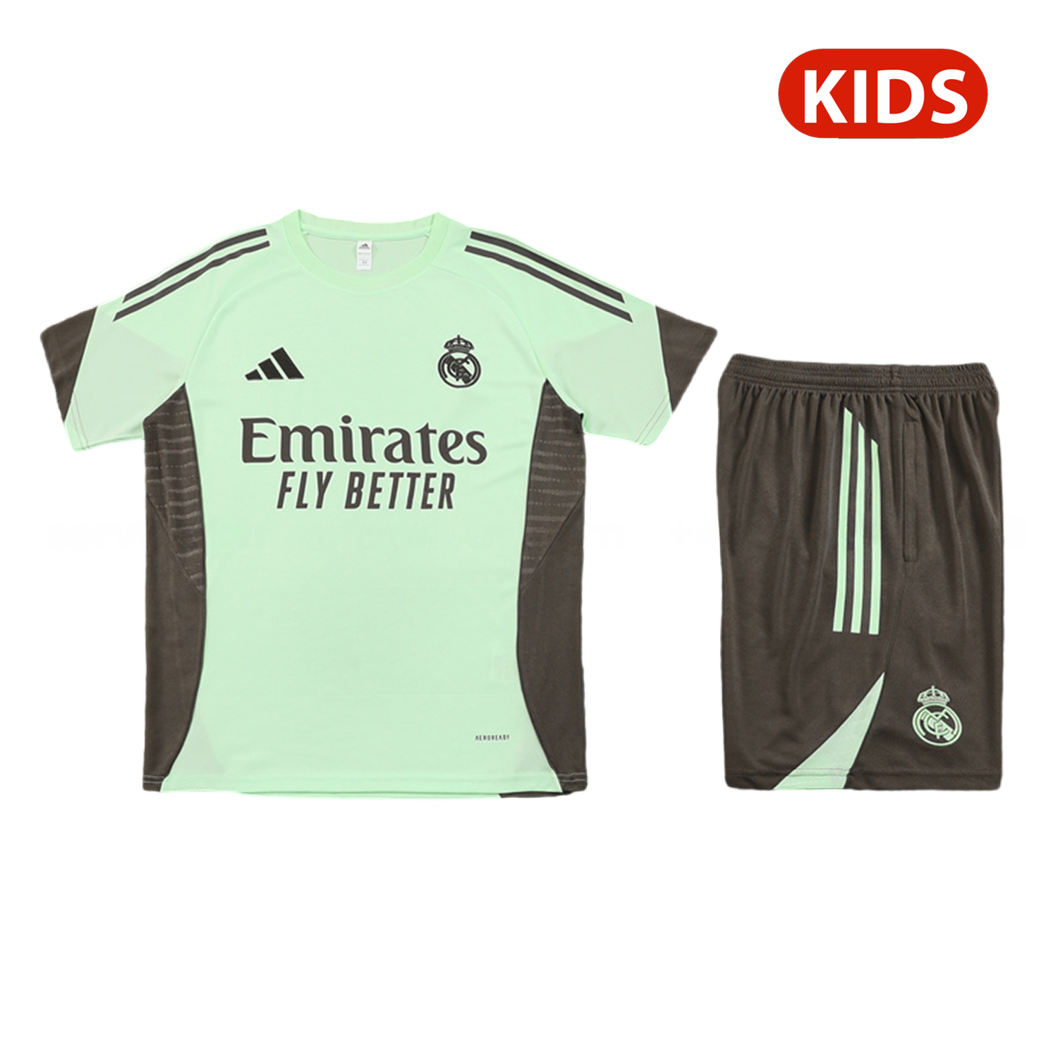Real Madrid 25-26 Kids Short-Sleeve Training Set - Light Green Top and Dark Khaki Shorts - Unitedfutballjersey