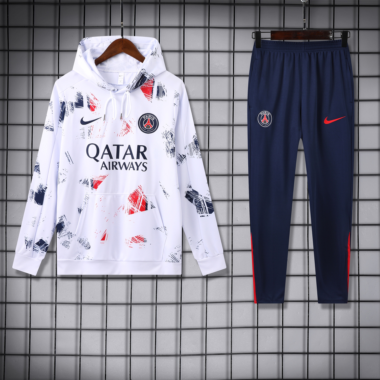 Paris Saint-Germain PSG 24-25 Training Hoodie Set - White Hoodie and Deep Blue Pants - Unitedfutballjersey