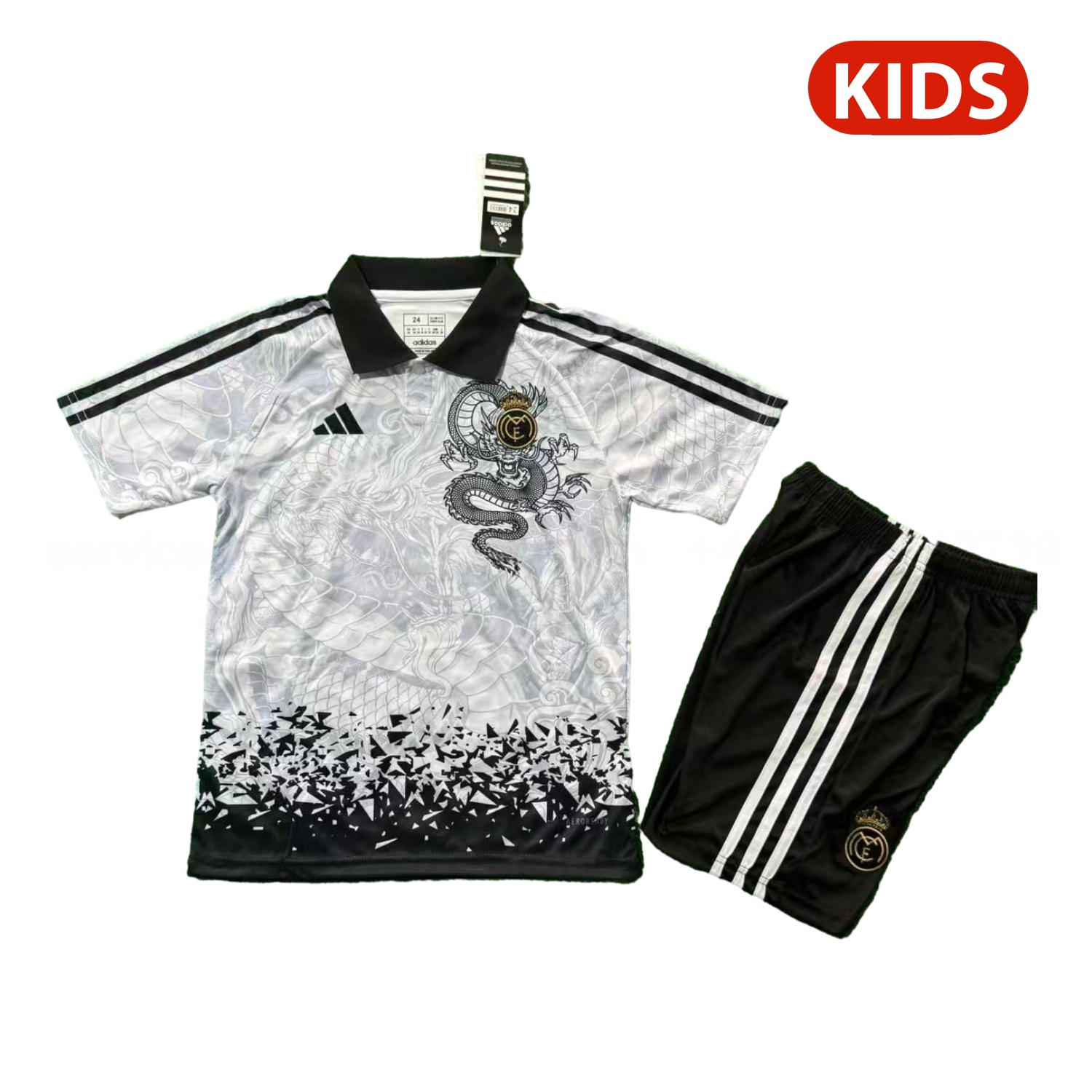 Real Madrid 25-26 Black Dragon Pattern White Special Polo Kids Kit - Unitedfutballjersey