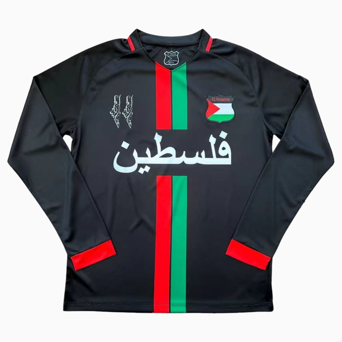 FC Palestina 24-25 Black Centre Striped Long Sleeve Jersey with Arabic - Unitedfutballjersey
