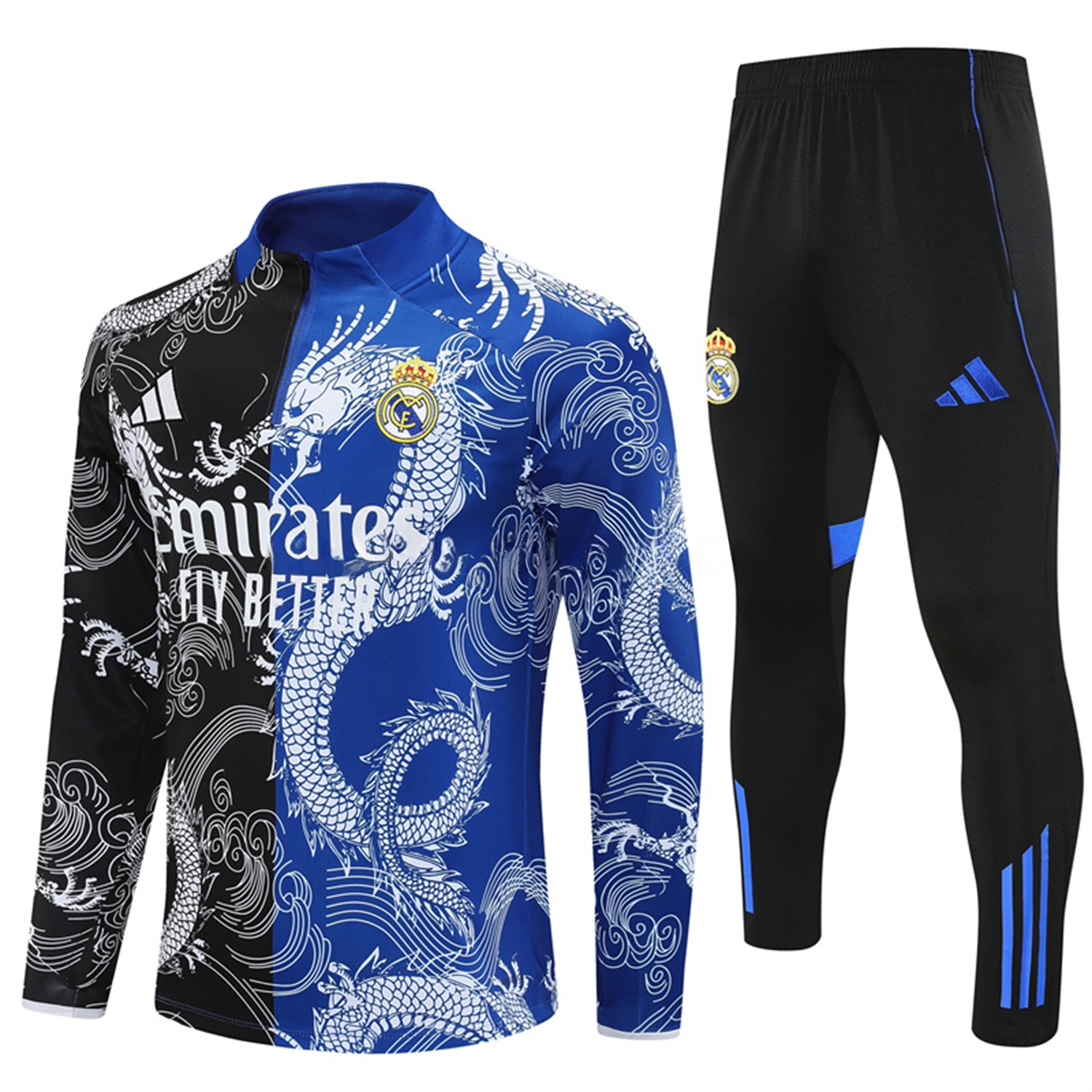 Real Madrid 25-26 Long Sleeve Training Set - White Loong Black Blue Top and Black Pants - Unitedfutballjersey