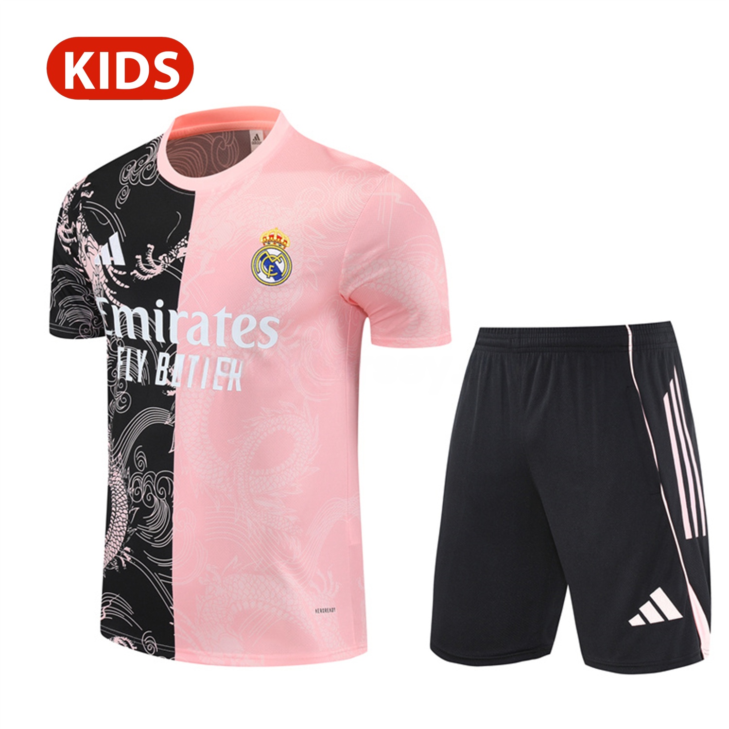 Real Madrid 25-26 Kid Short-Sleeve Training Set - Pink Black Top & Black Shorts - Unitedfutballjersey