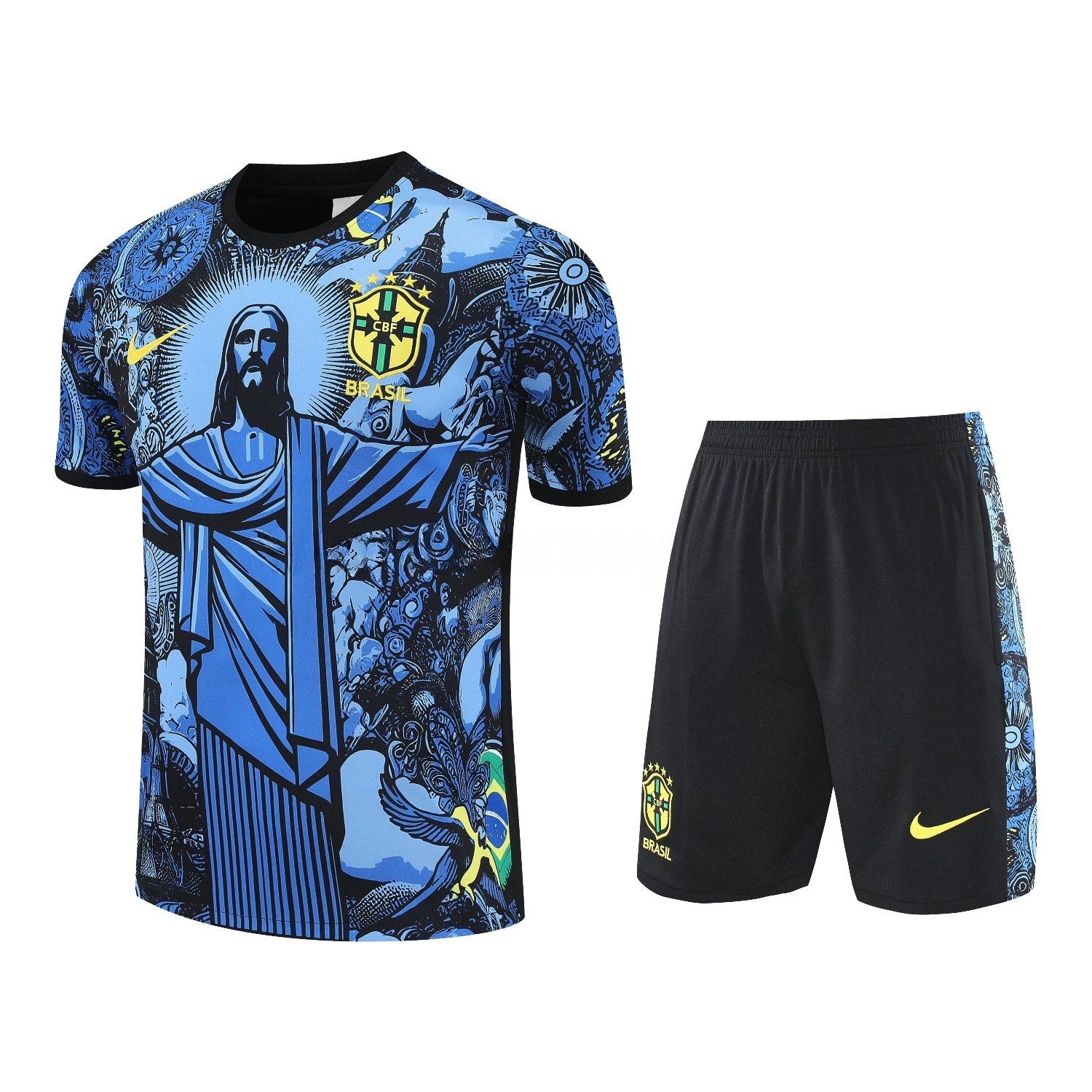 Brazil 25-26 Blue Jesus Statue Short-Sleeve Training Set - Blue Top & Black Shorts - Unitedfutballjersey