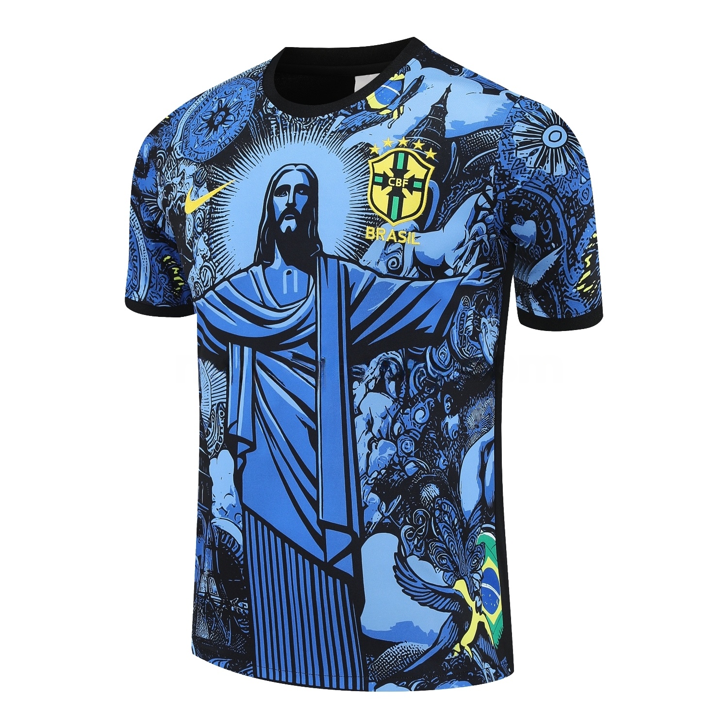 Brazil 25-26 Blue Jesus Statue Short-Sleeve Training Set - Blue Top & Black Shorts - Unitedfutballjersey