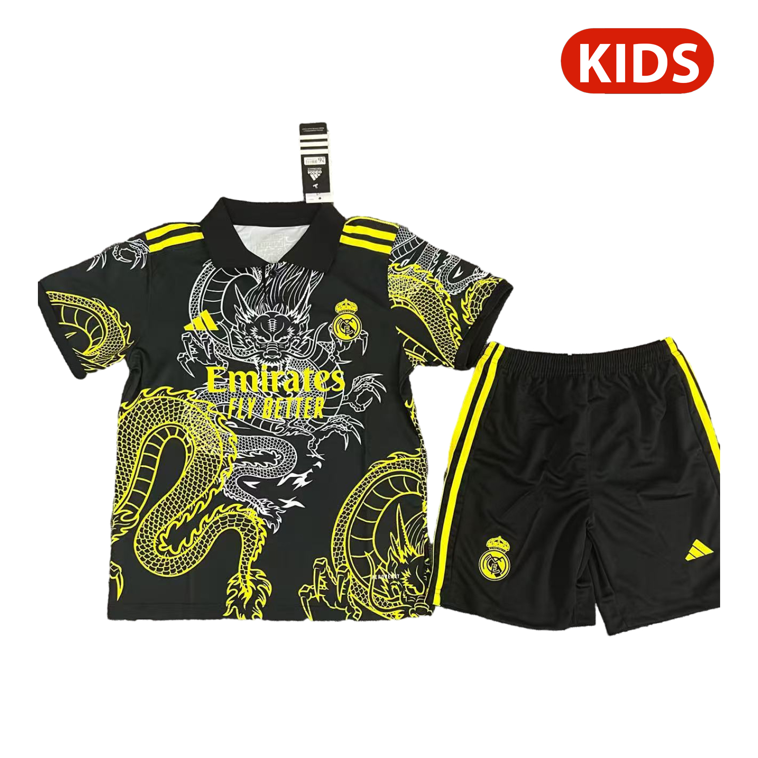 Real Madrid 25-26 Yellow And White Dragon Black Special Kids Kit - Unitedfutballjersey