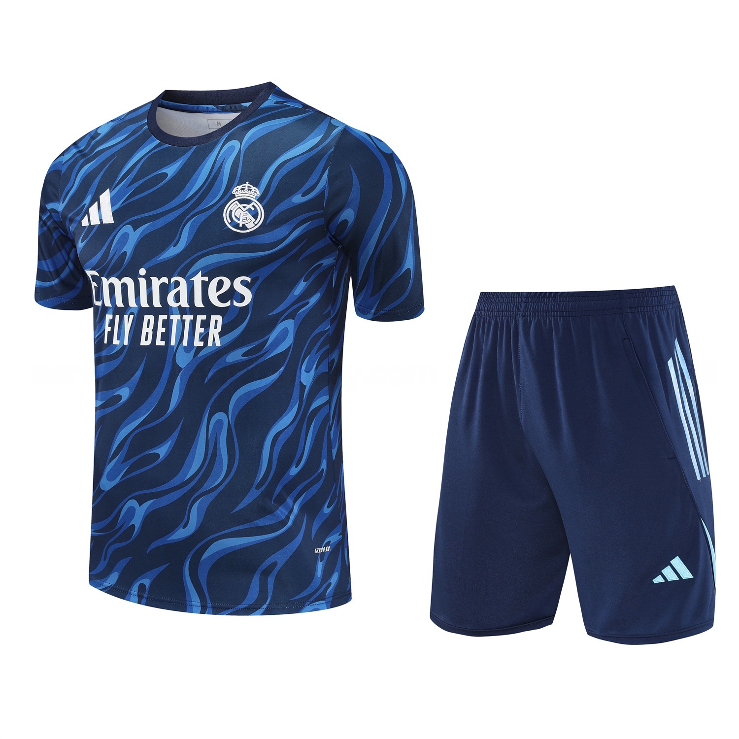 Real Madrid 25-26 Short-Sleeve Training Set - Blue Water Pattern Top & Deep Blue Shorts - Unitedfutballjersey