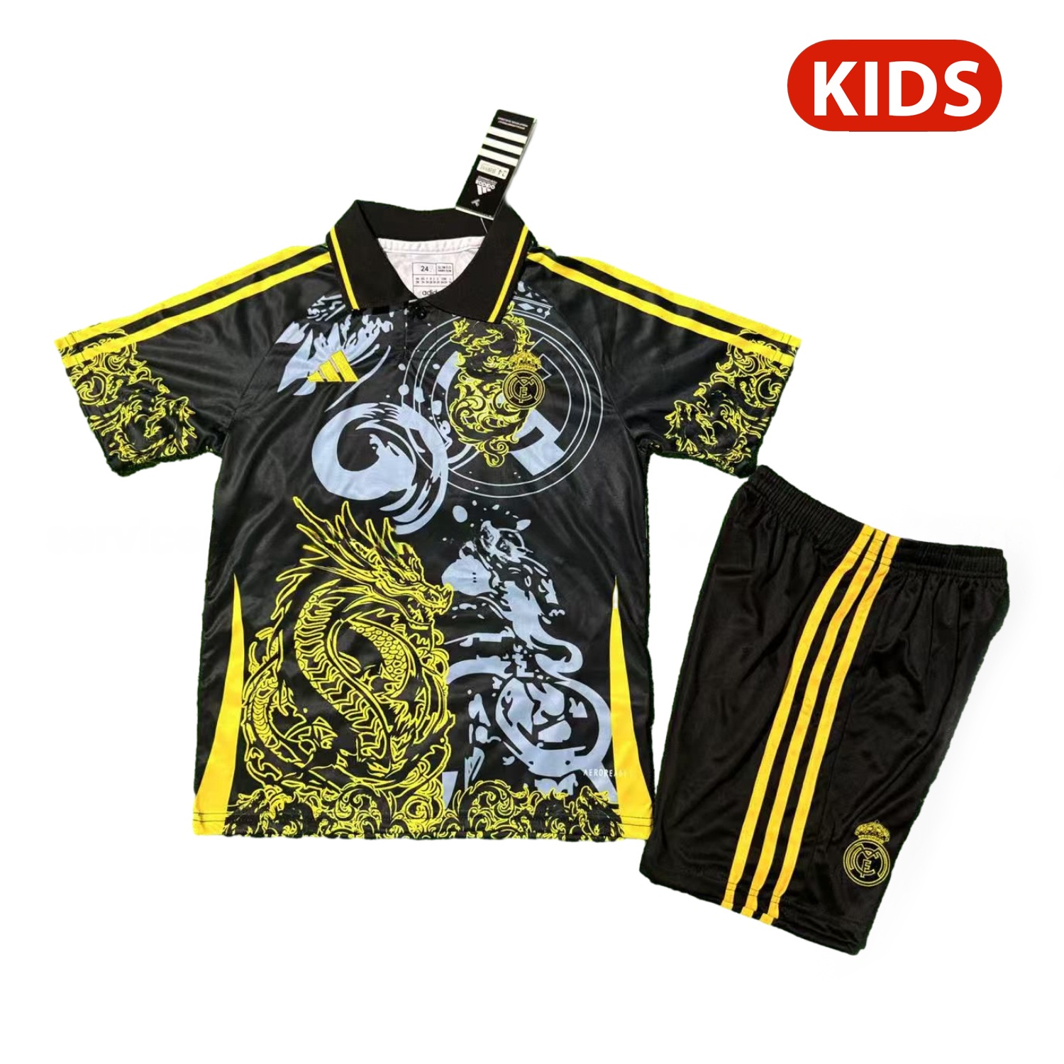 Real Madrid 25-26 Yellow Dragon And Cloud Black Special Polo Kids Kit - Unitedfutballjersey