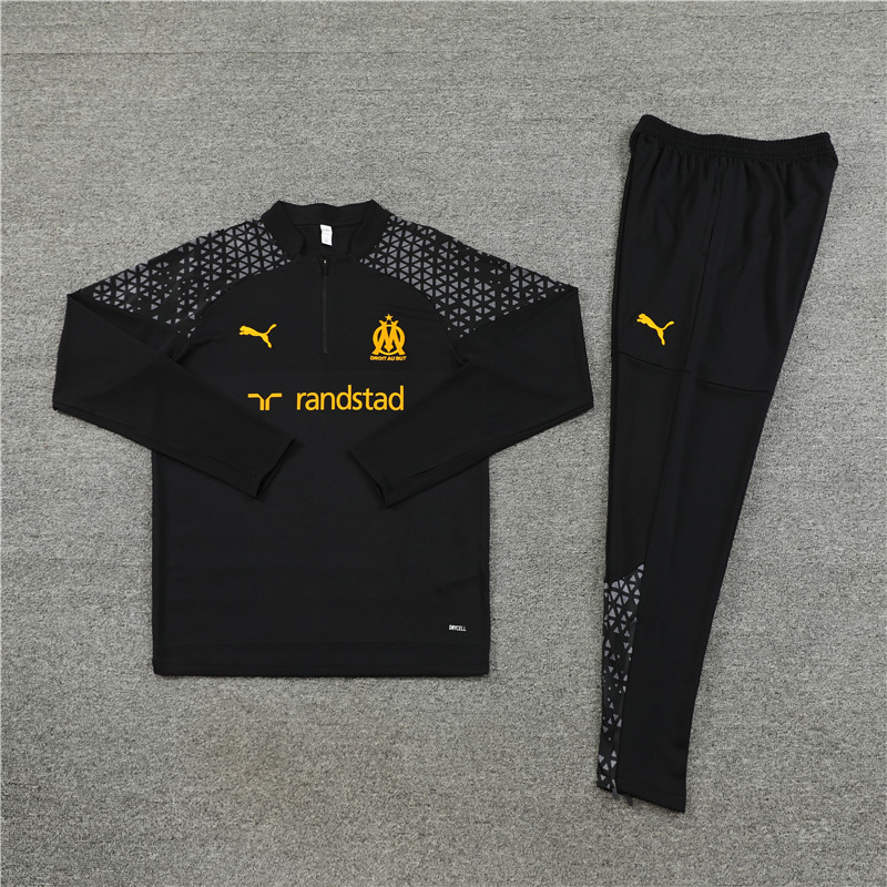 Marseille 23-24 Kids Long Sleeve Training Set Black and Yellow - Unitedfutballjersey