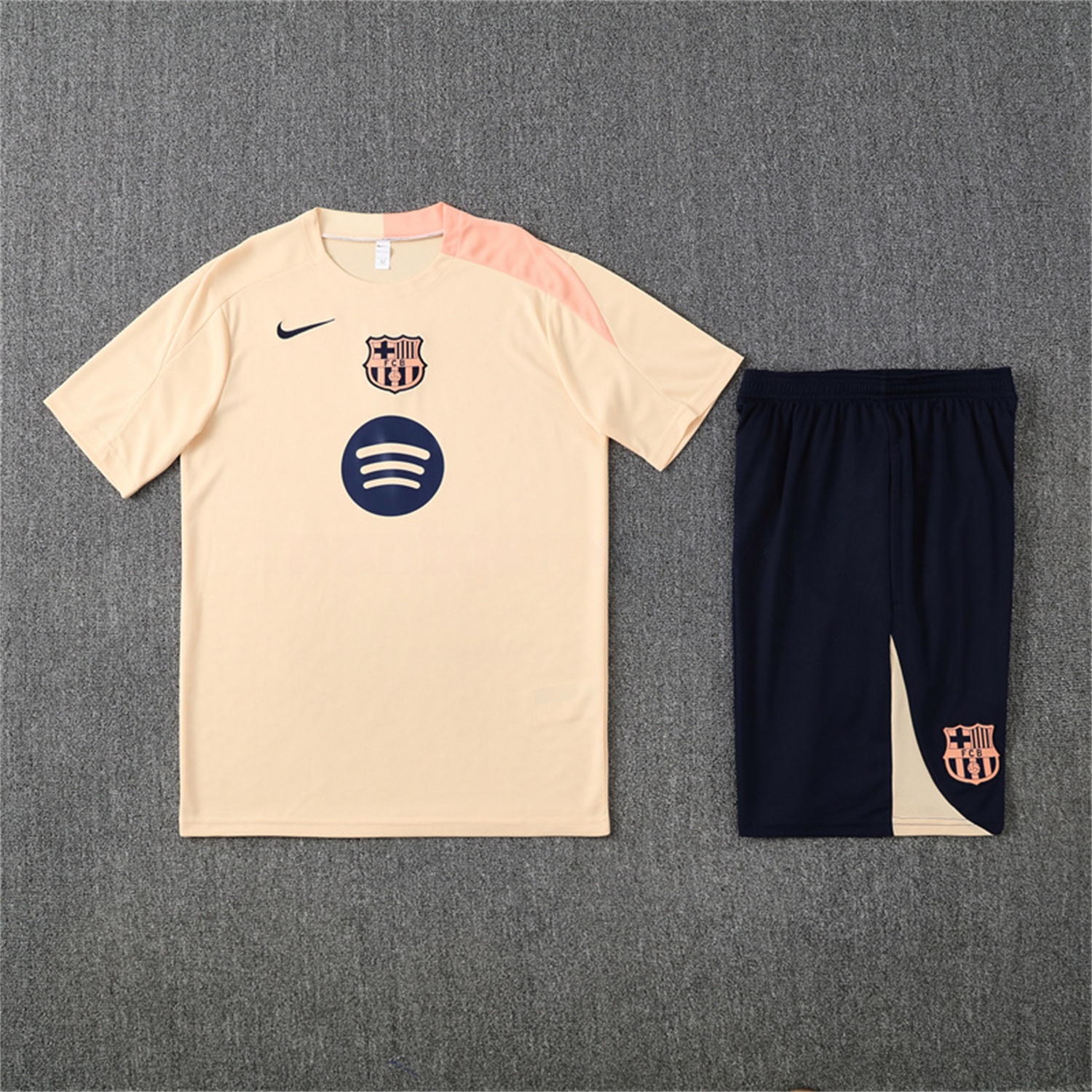 B.A.R.S.A 25-26 Kids Short-Sleeve Training Set - Beige Top & Blue Shorts - Unitedfutballjersey