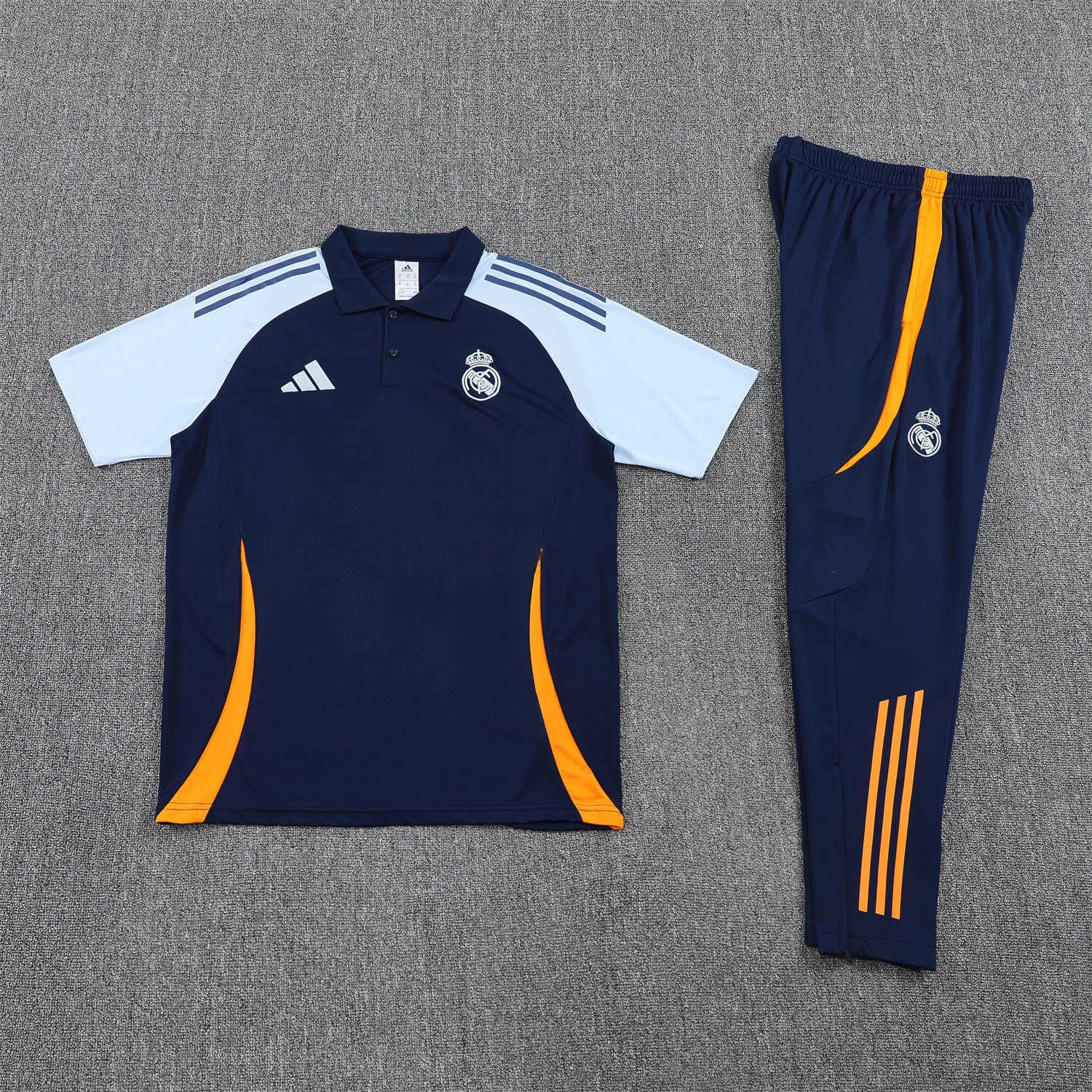 Real Madrid 25-26 POLO Short-Sleeve Training Set - Deep Blue Top and Pants with Yellow Stripes - Unitedfutballjersey