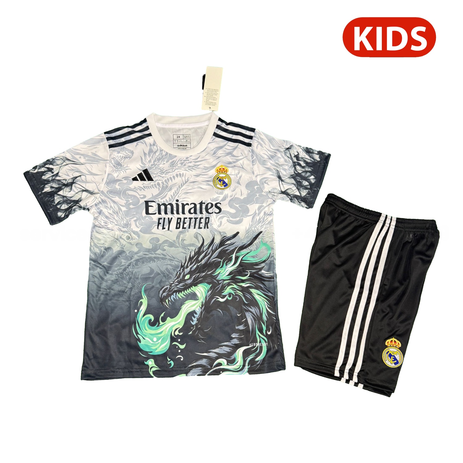 Real Madrid 25-26 Green Fire Black Dragon White Special Kids Kit - Unitedfutballjersey