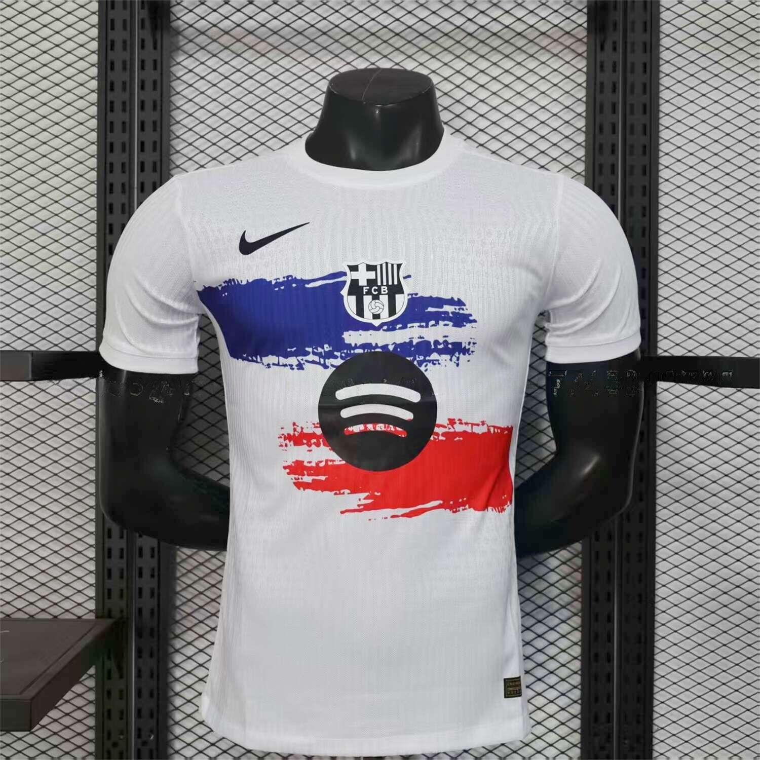 Barcelona 25-26 White Jersey with Red Blue Ink Horizontal Stripes Jersey - Player Version - Unitedfutballjersey