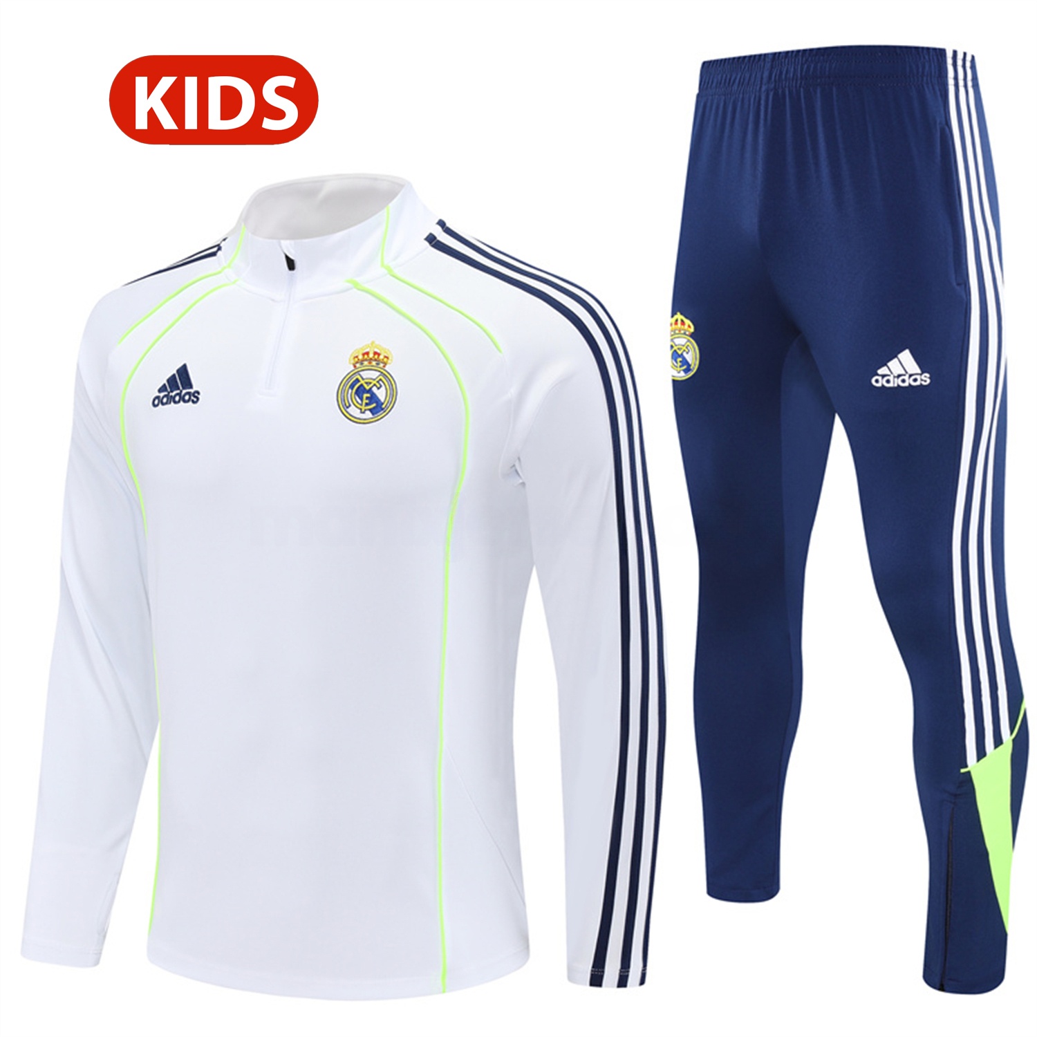 Real Madrid 25-26 Kids Long Sleeves Training Set - Green Line White Top and Blue Pants - Unitedfutballjersey