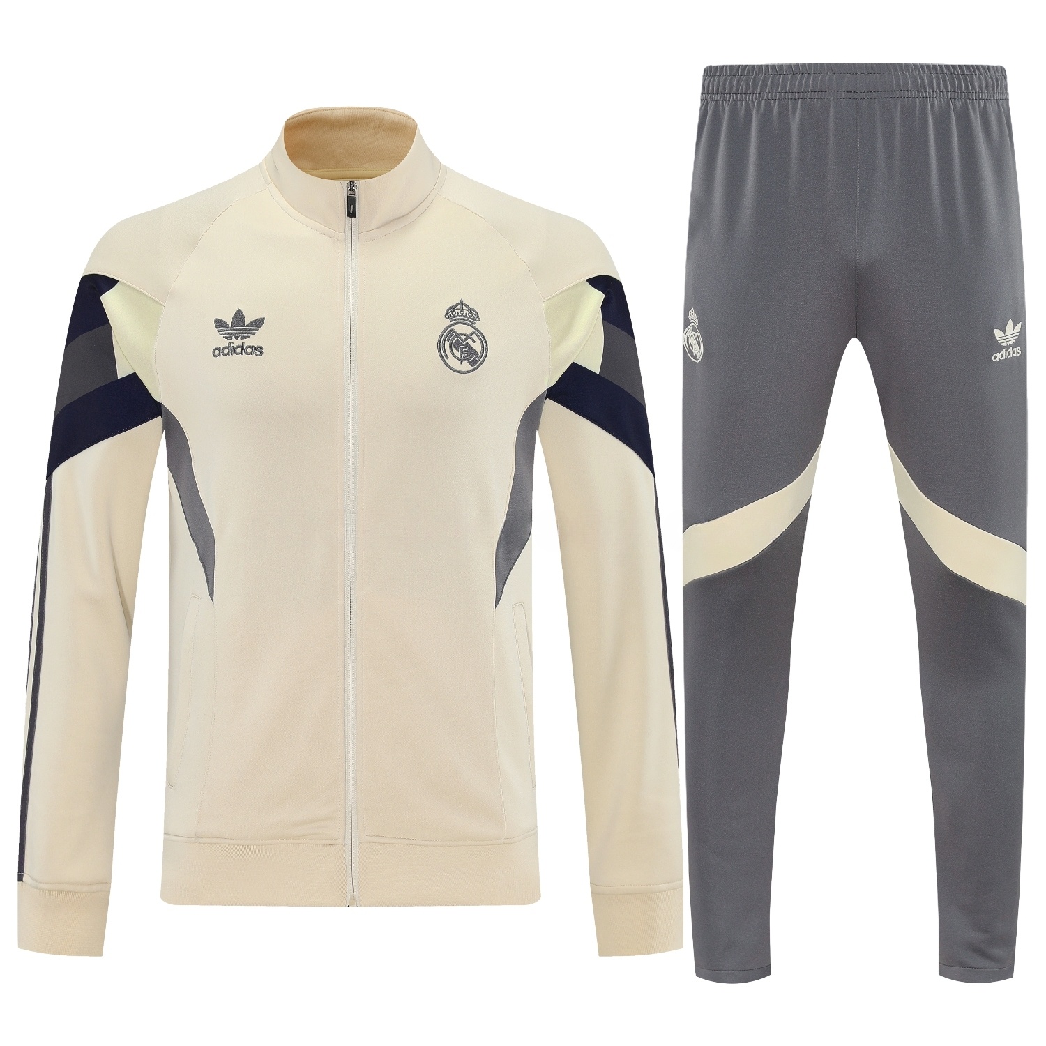 Real Madrid 25-26 Throwback Jacket Training Tracksuit - Off-white Jackets & Grey Pants - Unitedfutballjersey