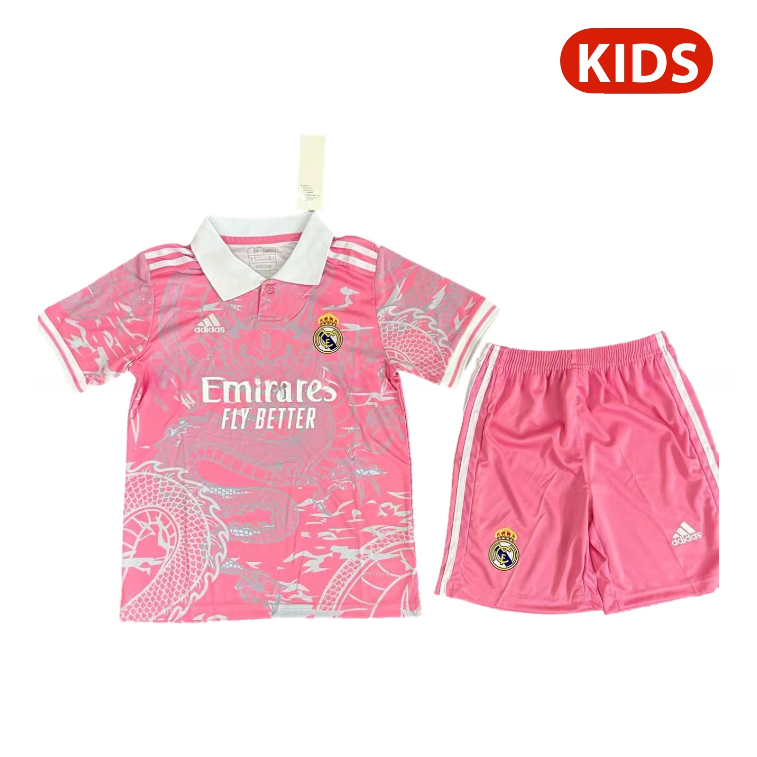 Real Madrid 25-26 White Dragon Pink Special Polo Kids Kit - Unitedfutballjersey