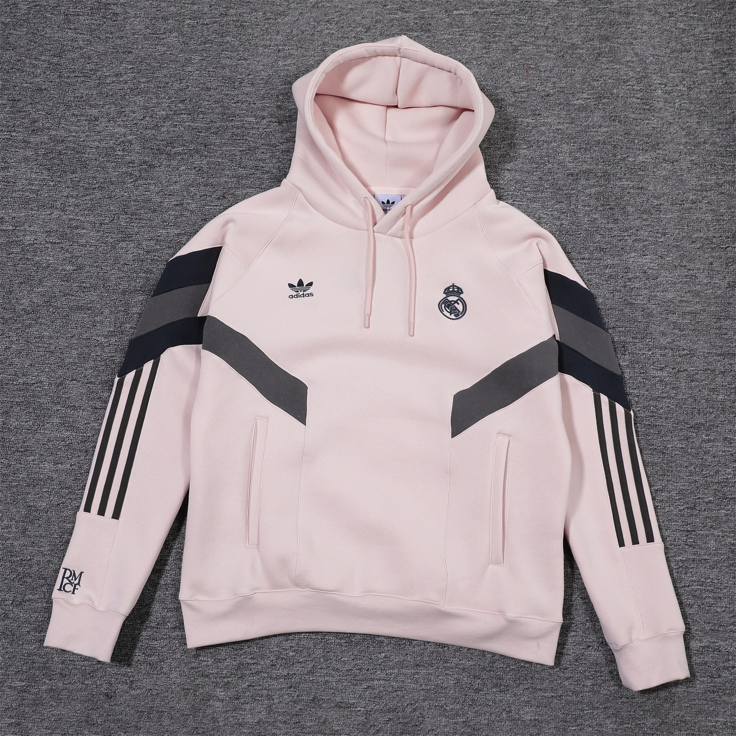 Real Madrid 24-25 Fleece-Lined Training Hoodie Set - Light Pink Hoodie and Deep Grey Pants - Unitedfutballjersey