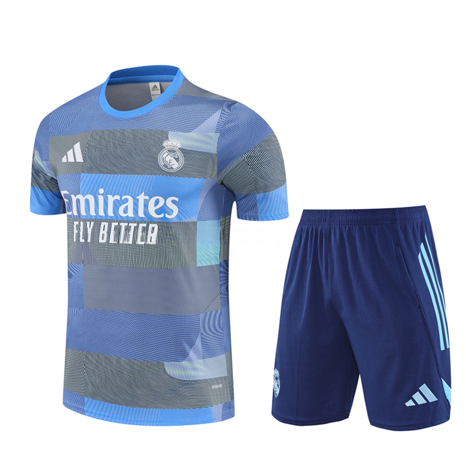 Real Madrid 25-26 Pre-Match Short-Sleeve Training Set - Blue-Gray Camouflage Top and Blue Shorts - Unitedfutballjersey
