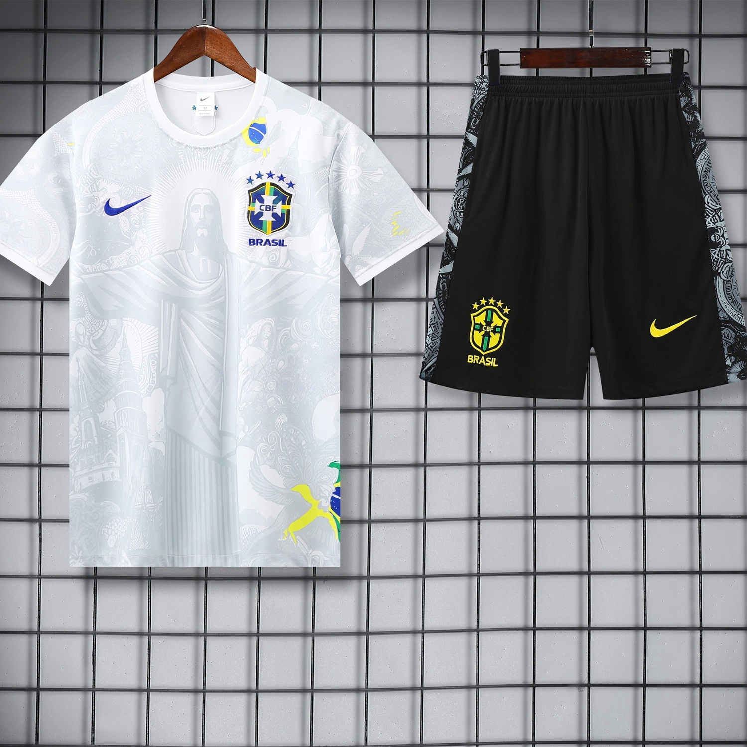 Brazil 25-26 White Jesus Statue Short-Sleeve Training Set - White Top & Black Shorts - Unitedfutballjersey