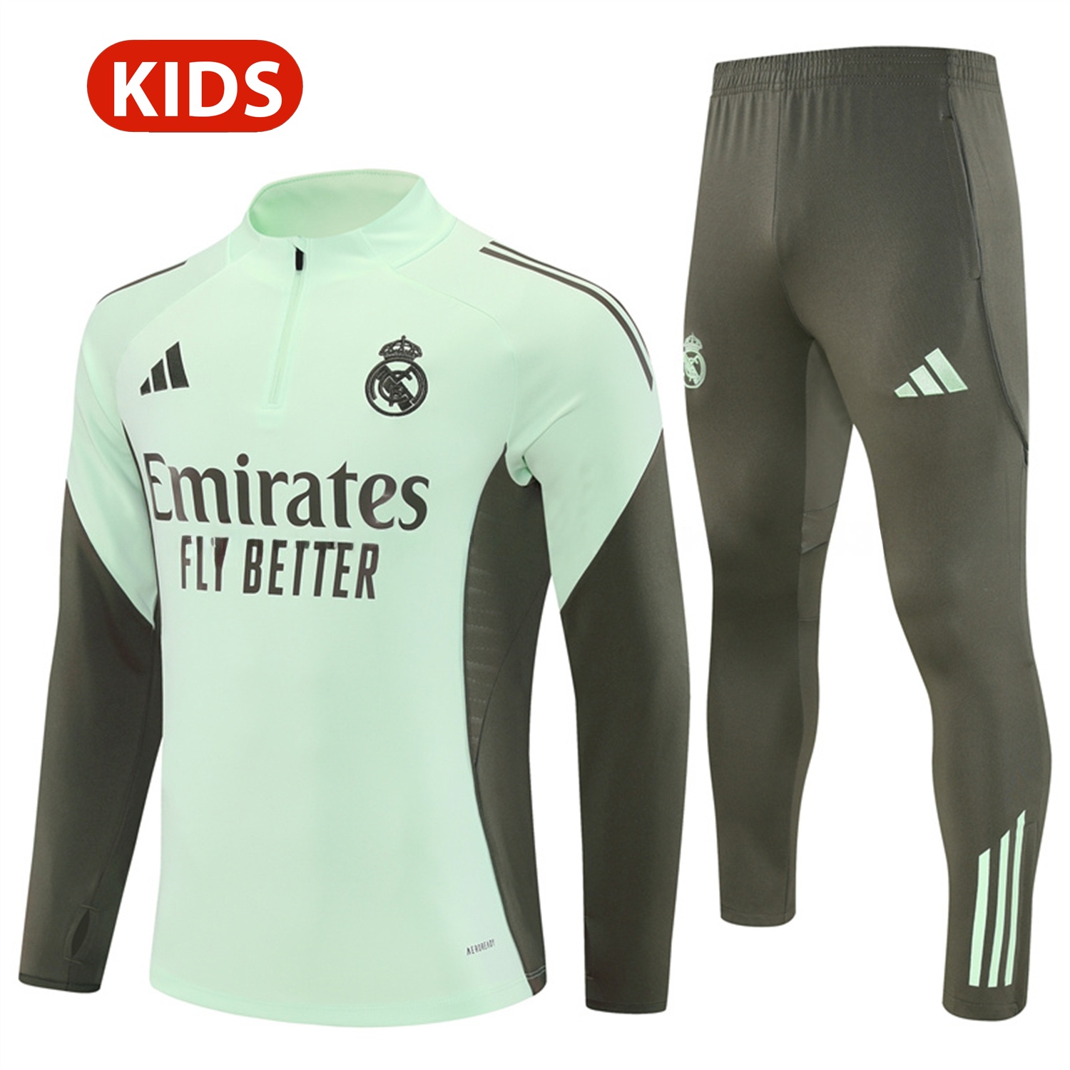 Real Madrid 25-26 Kids Long Sleeve Training Set - Light Green Top & Army Green Pants - Unitedfutballjersey