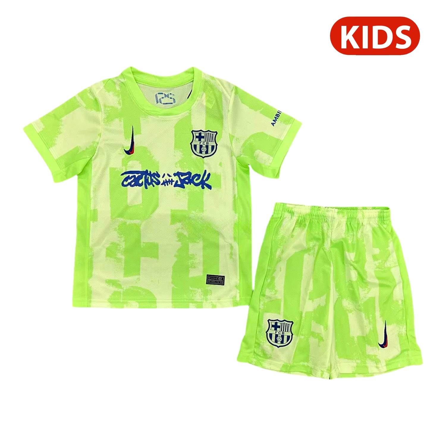 Barcelona x Travis Scott 24-25 Third Green Kids Kit - Unitedfutballjersey