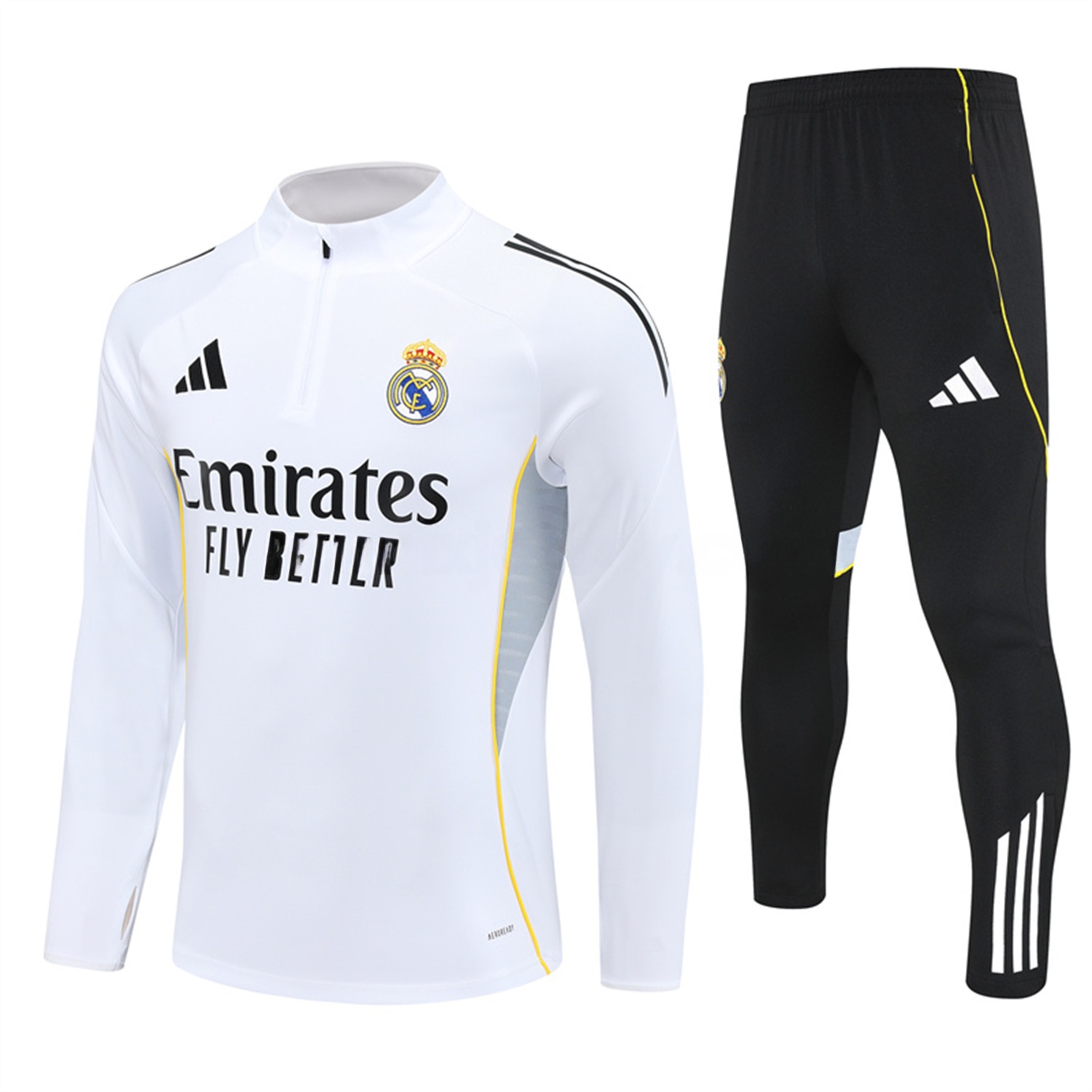 Real Madrid 25-26 Kids Long Sleeve Training Set - Yellow Line White Top and Black Shorts - Unitedfutballjersey