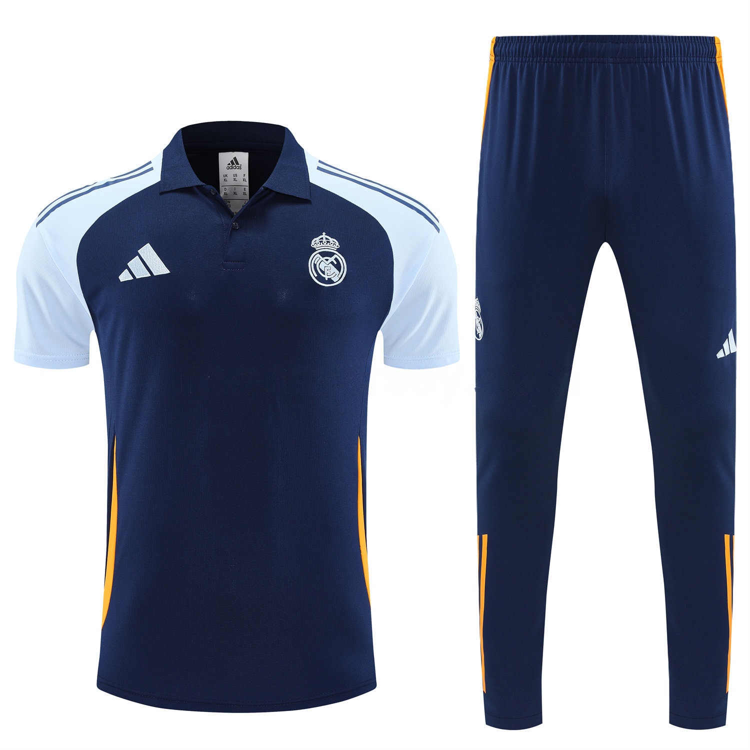 Real Madrid 25-26 POLO Short-Sleeve Training Set - Deep Blue Top and Pants with Yellow Stripes - Unitedfutballjersey