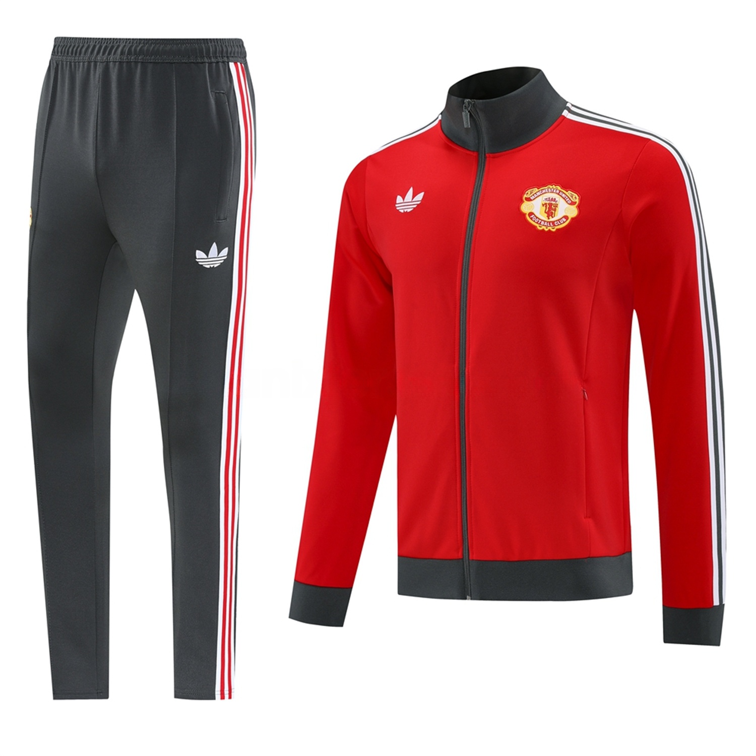 Manchester United 24-25 Throwback Jacket Training Tracksuit - Red Jackets & Grey Pants - Unitedfutballjersey