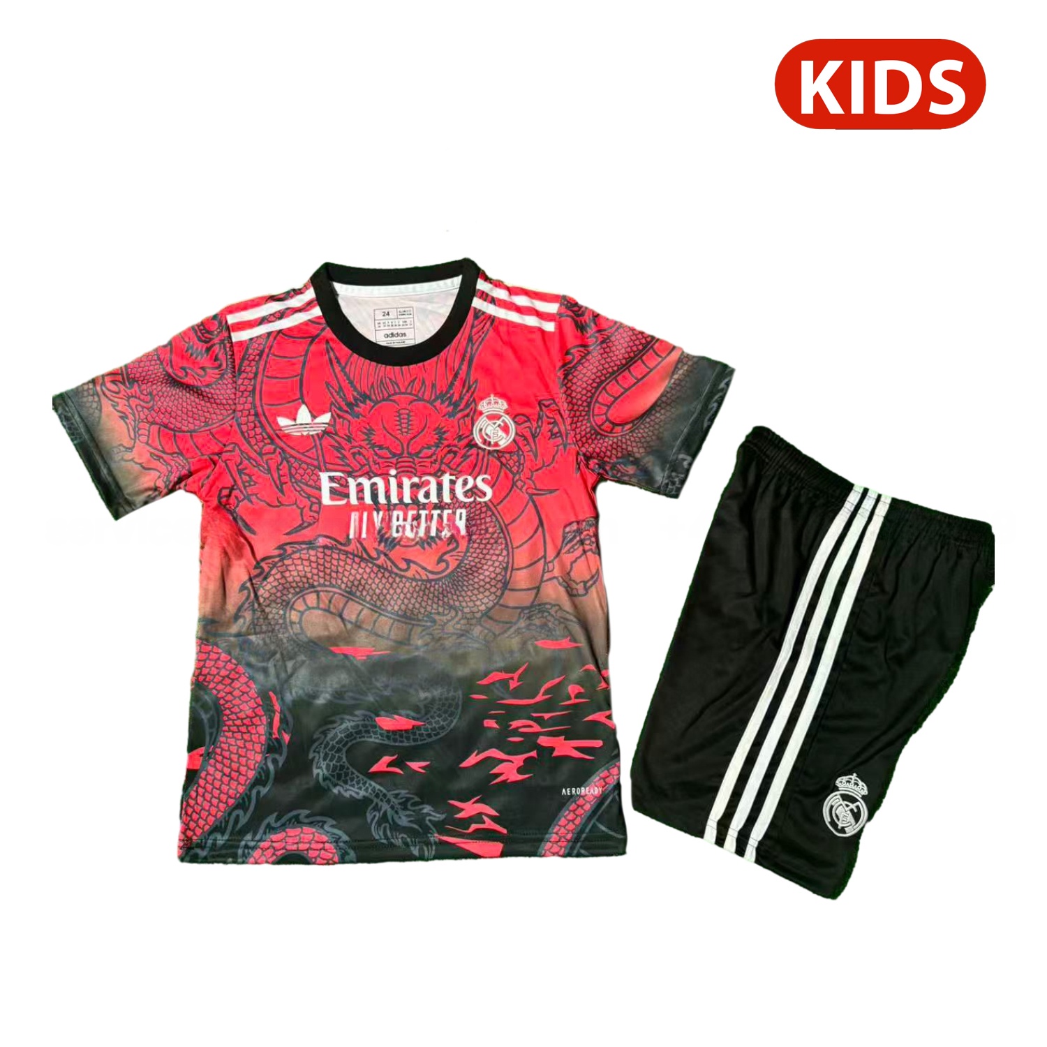 Real Madrid 25-26 Black Dragon Red Special Kids Kit - Unitedfutballjersey